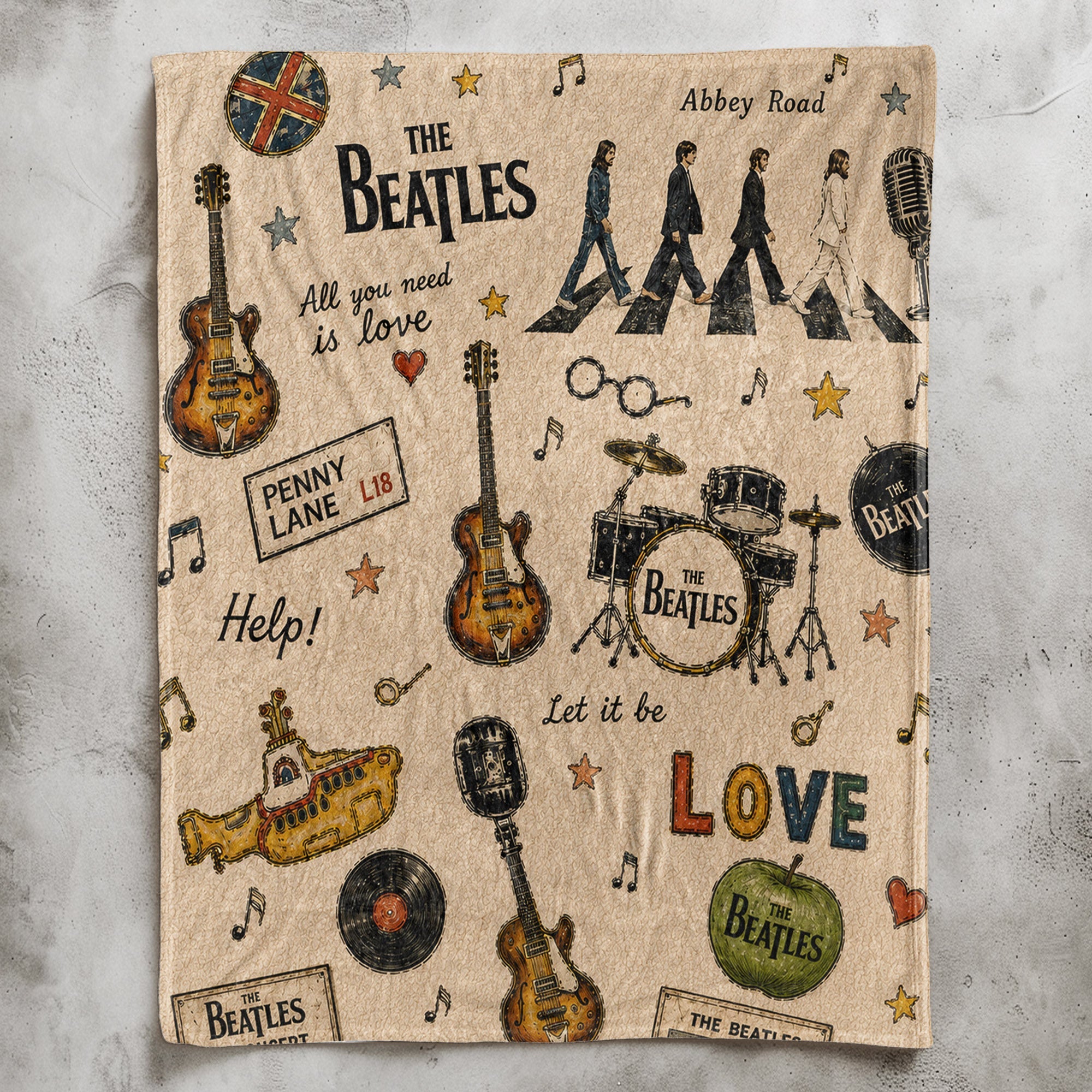 The Beatles Abbey Road Sherpa Yellow Submarine Vintage Doodle Blanket