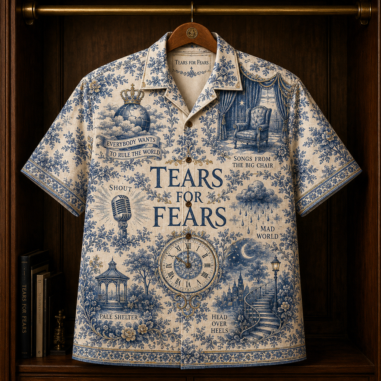Tears For Fears Hawaiian Shirt - Unisex Toile De Jouy Delft Blue Floral Button Up