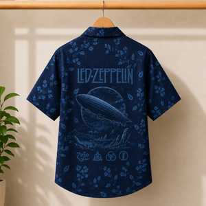 Led Zeppelin Navy Floral Toile Hawaiian Shirt, Zeppelin Airship Button-Up Shirt, Classic Rock Fan Gift