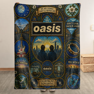 Oasis Band Sherpa Blanket Champagne Supernova Stained Glass Blanket