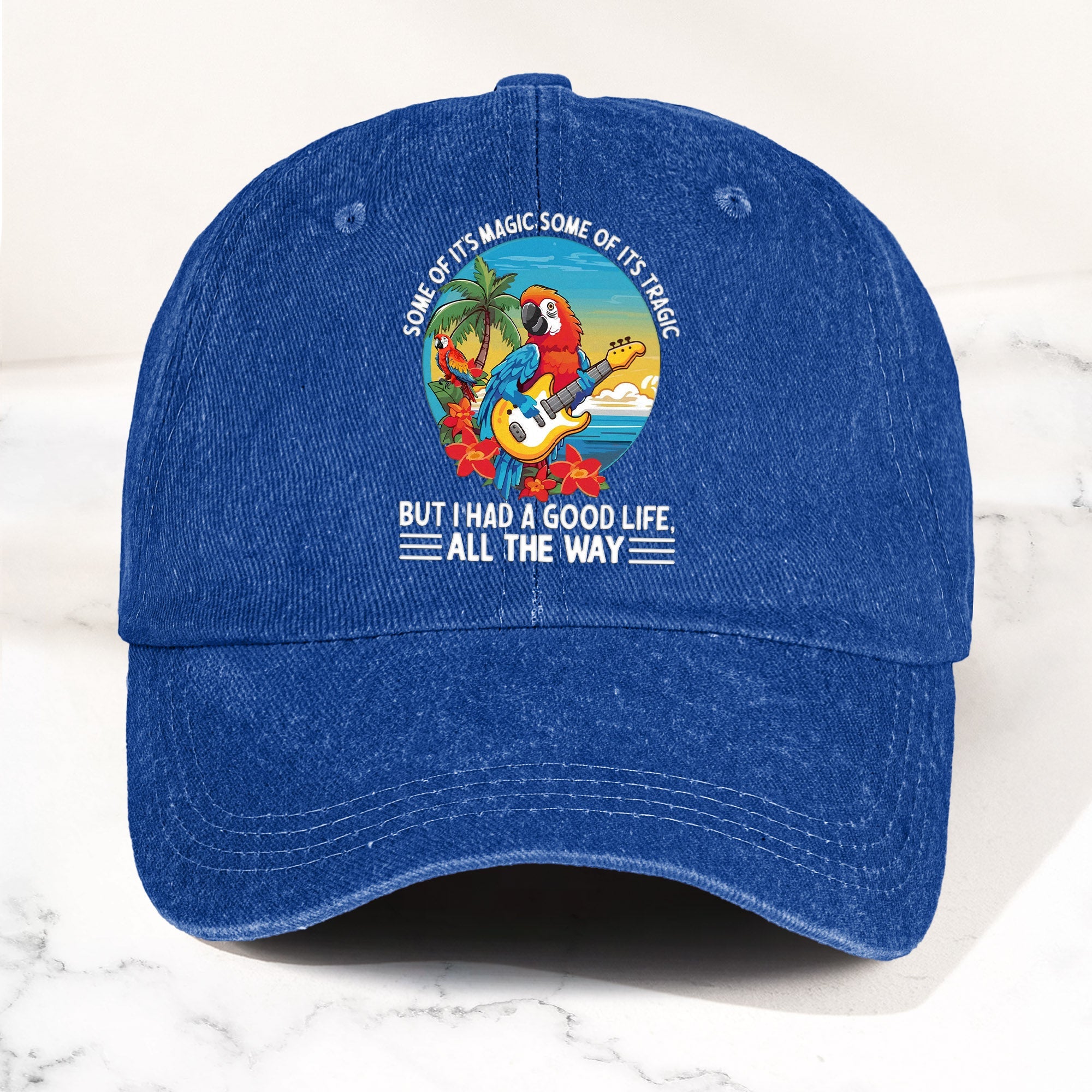Tropical Parrot Denim Dad Cap “I Had a Good Life All the Way” Island Music Vibes Hat (With BOX)