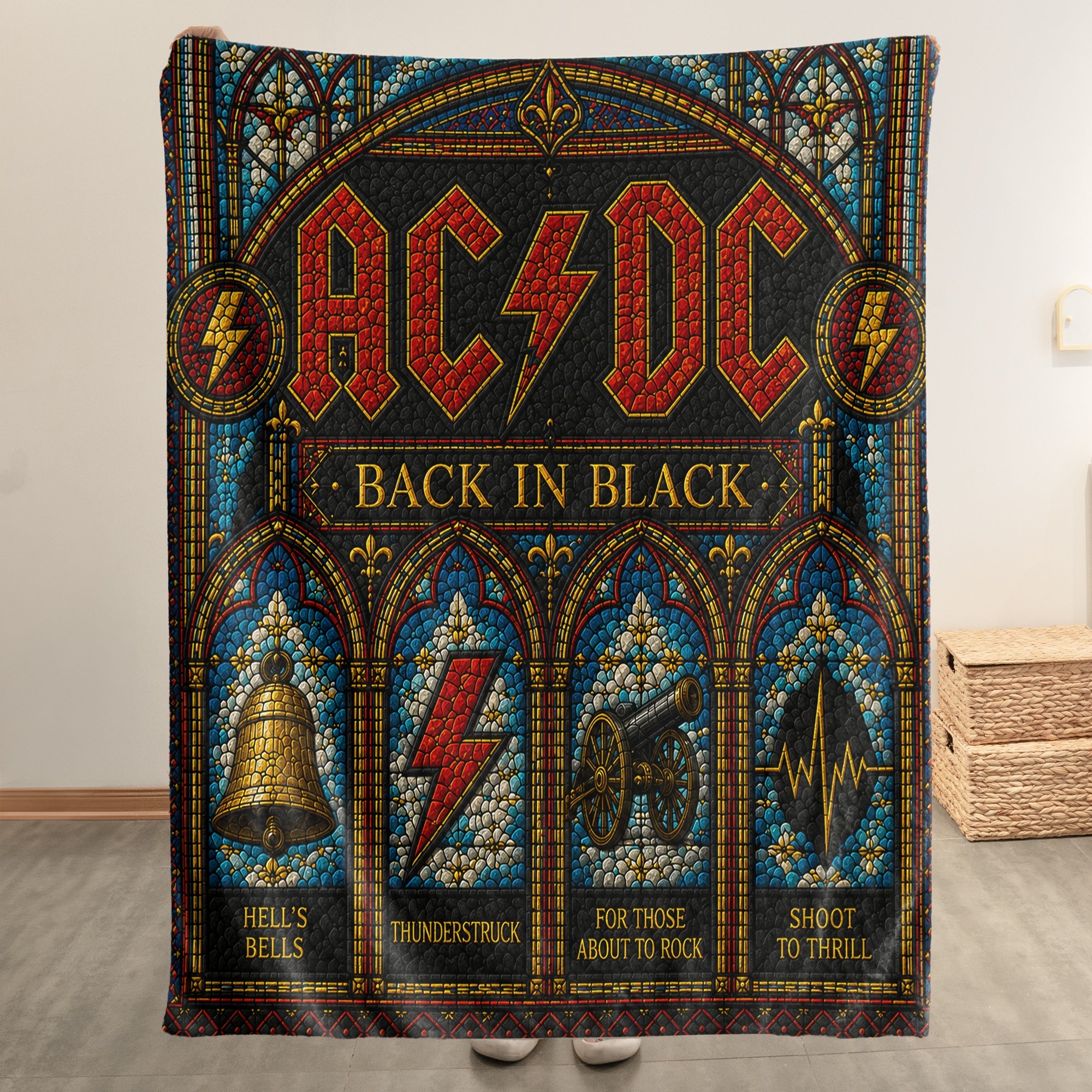 AC/DC Back In Black Sherpa Blanket Stained Glass Rock Icon Throw Blanket