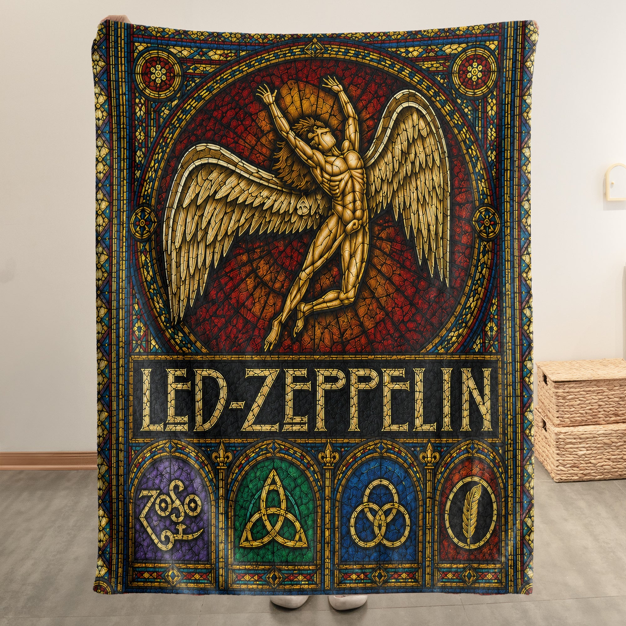 Led Zeppelin Sherpa Blanket Icarus Swan Song Stained Glass Rock Icon Throw Blanket