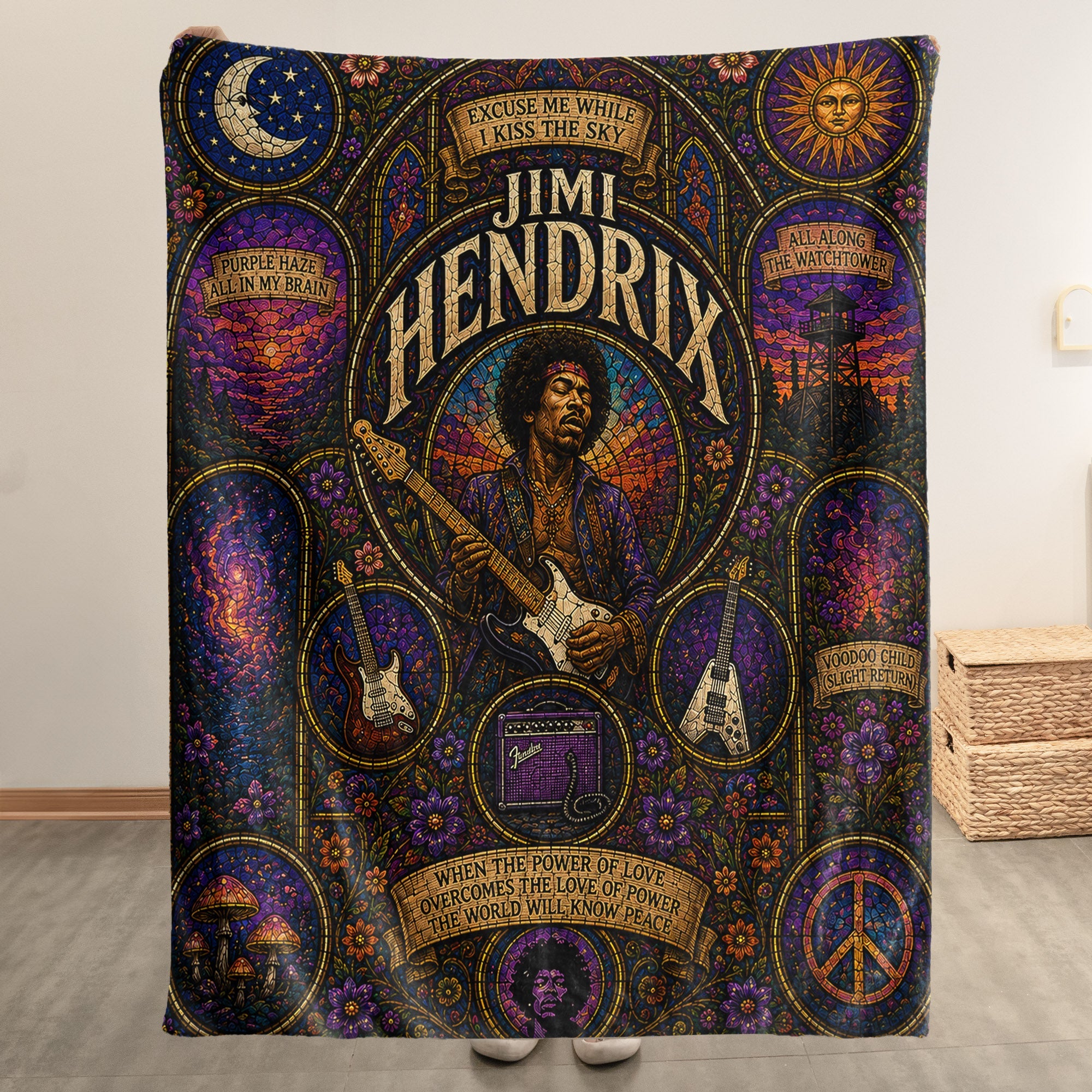 Jimi Hendrix Sherpa Blanket Purple Haze Stained Glass Blanket