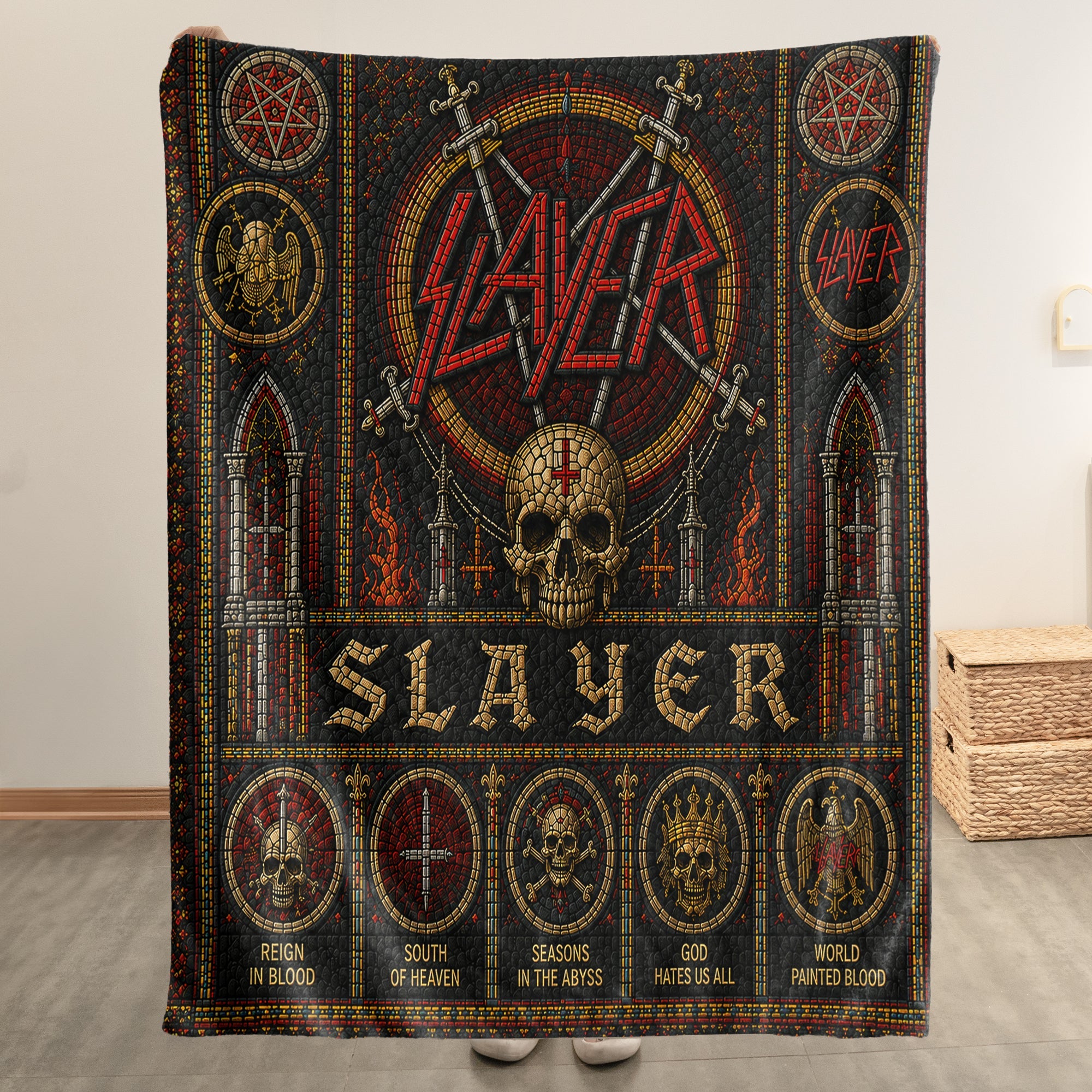 Slayer Sherpa Blanket Eagle Swords Skull Stained Glass Thrash Metal Throw Blanket