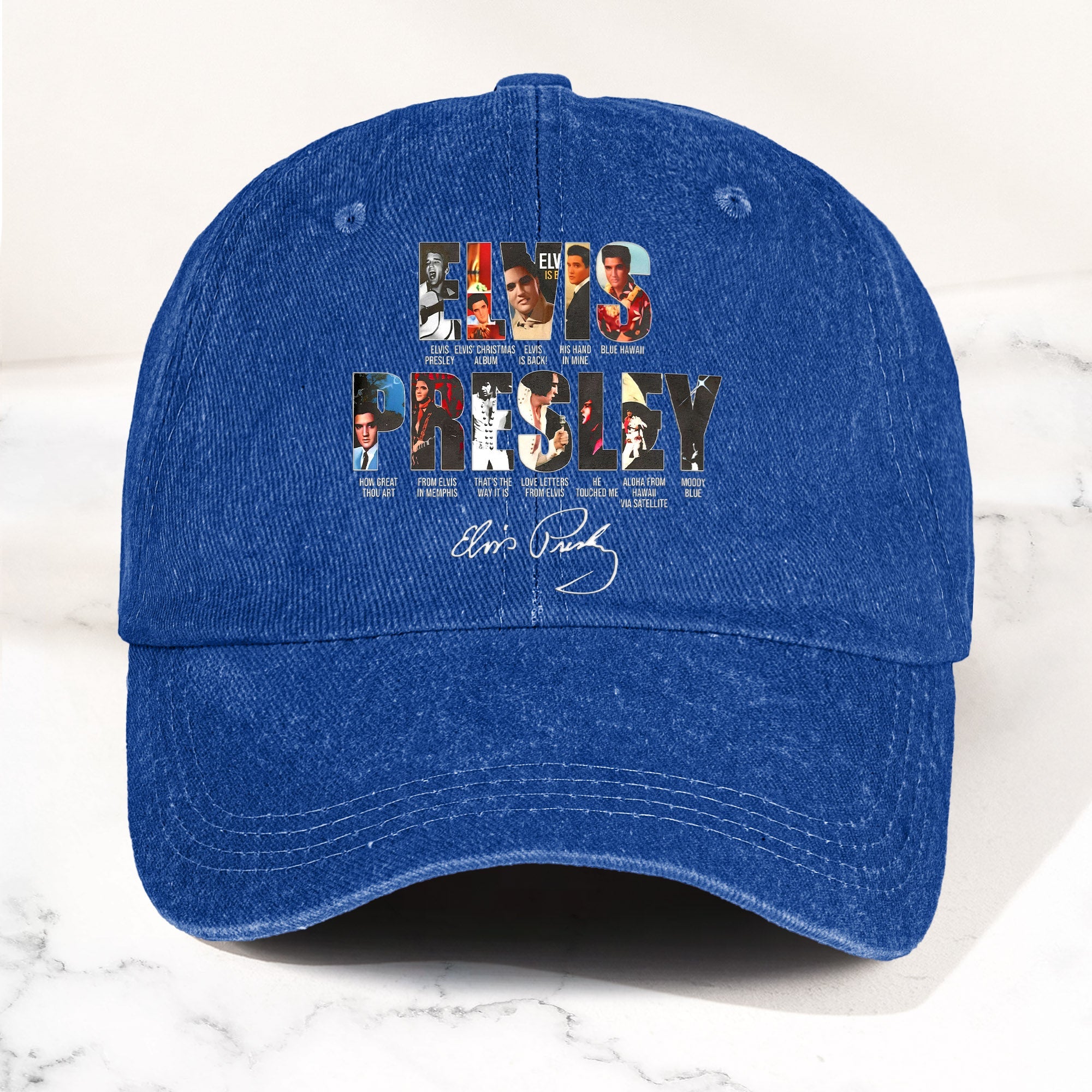 Elvis Presley Denim Dad Cap Iconic Album Collage Design ( With BOX)