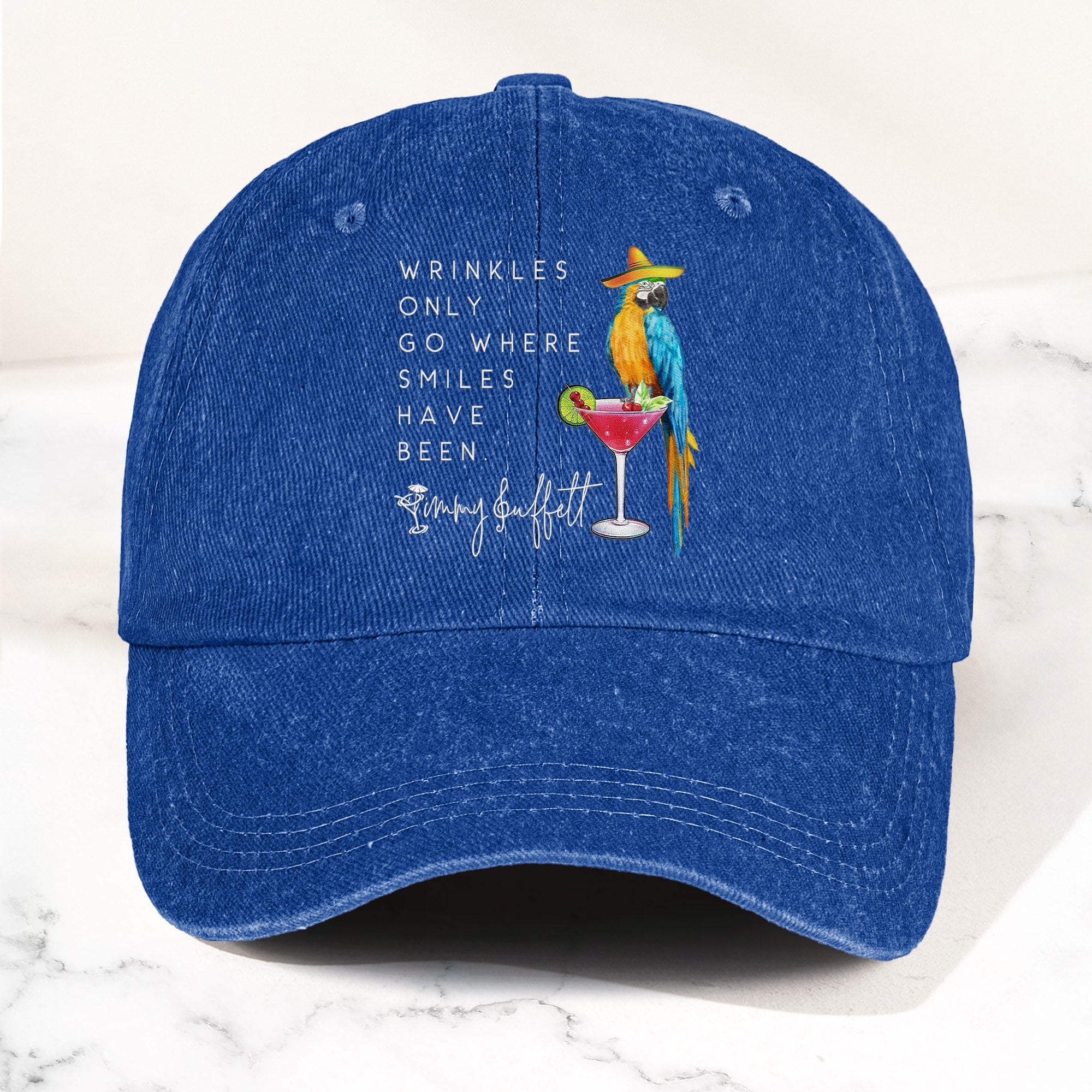 Jimmy Buffett Quote Denim Dad Cap "Wrinkles Only Go Where Smiles Have Been"