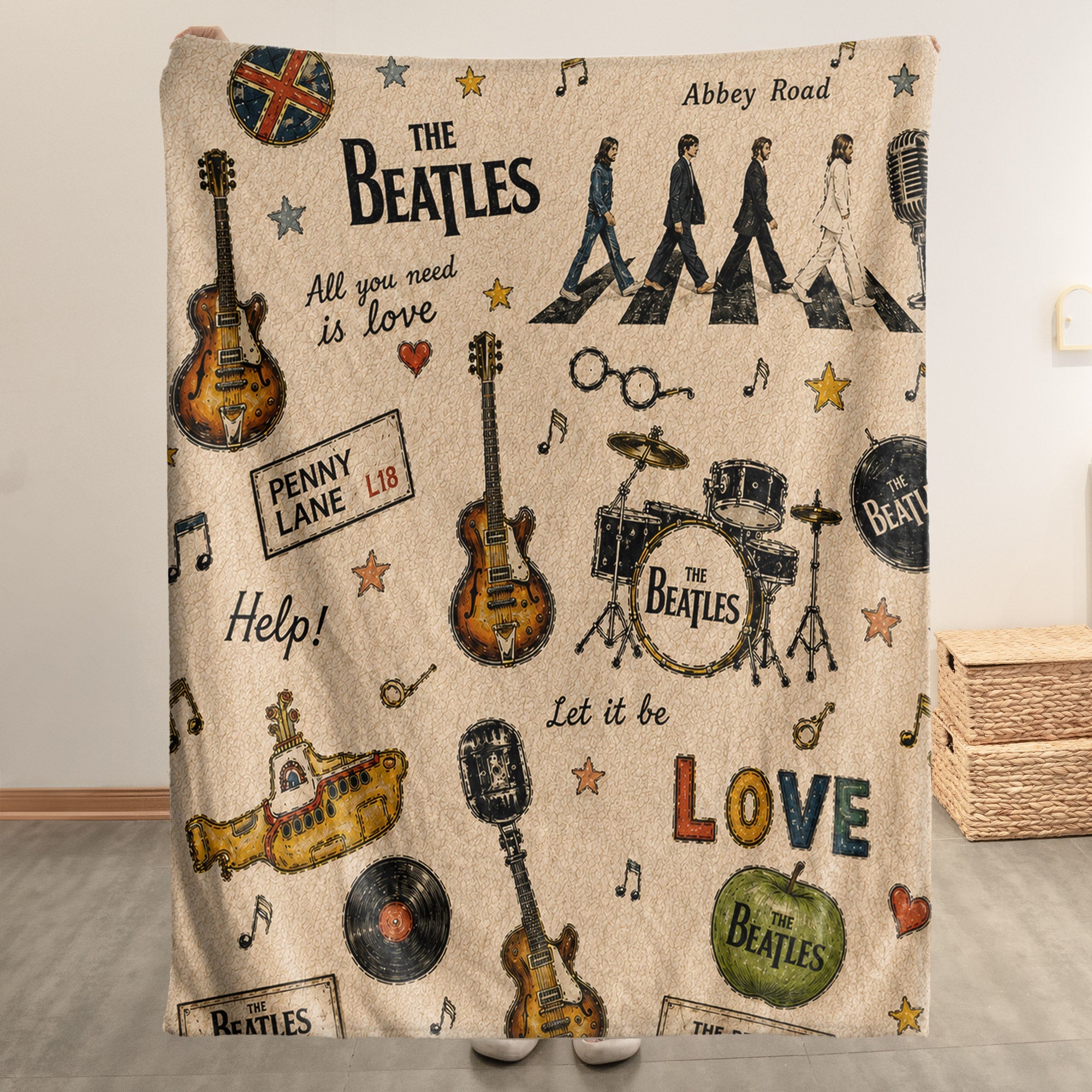 The Beatles Abbey Road Sherpa Yellow Submarine Vintage Doodle Blanket