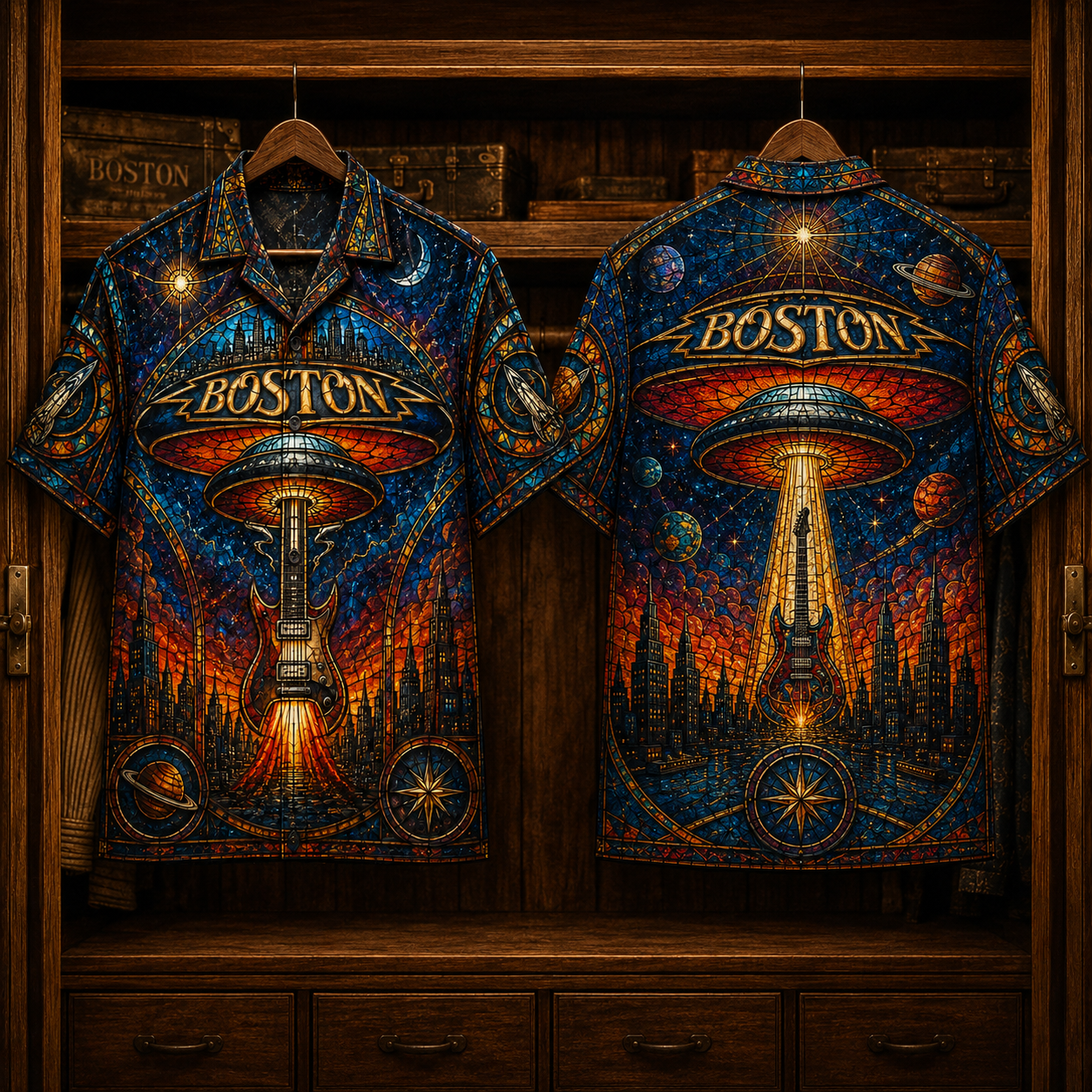 Boston Hawaiian Shirt - Stained Glass Space Rock Band AOP Button-Up Shirt