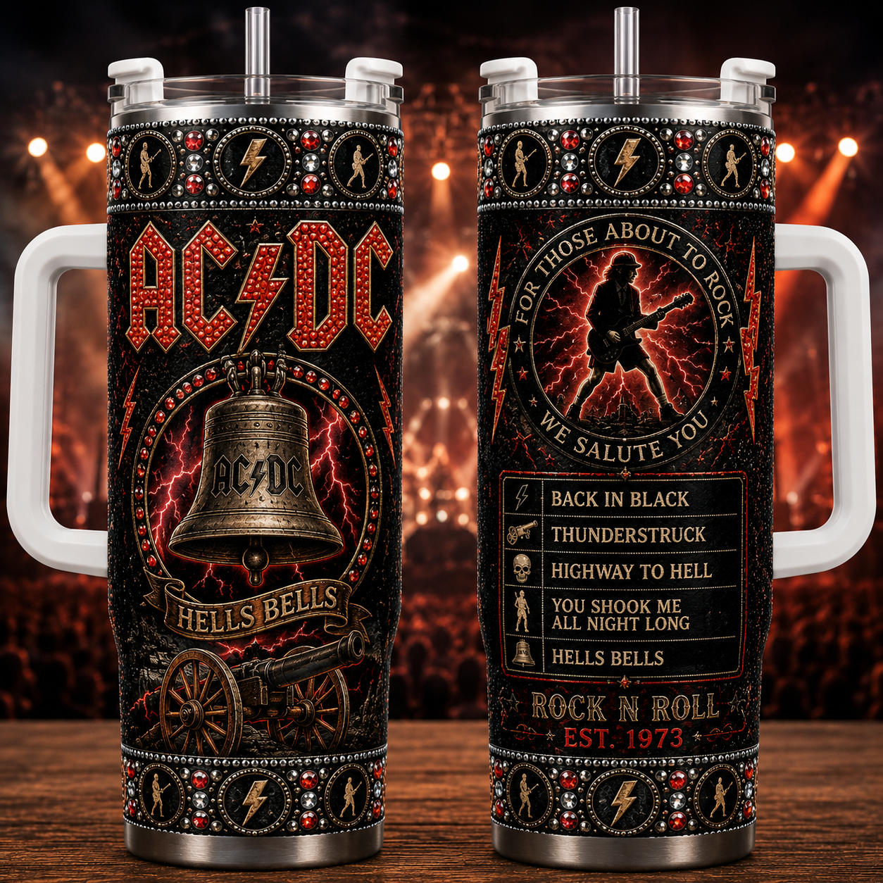 AC/DC 40oz Rhinestone Insulated Tumbler with Handle Rock Band Stainless Steel Travel Mug with Straw and Lid