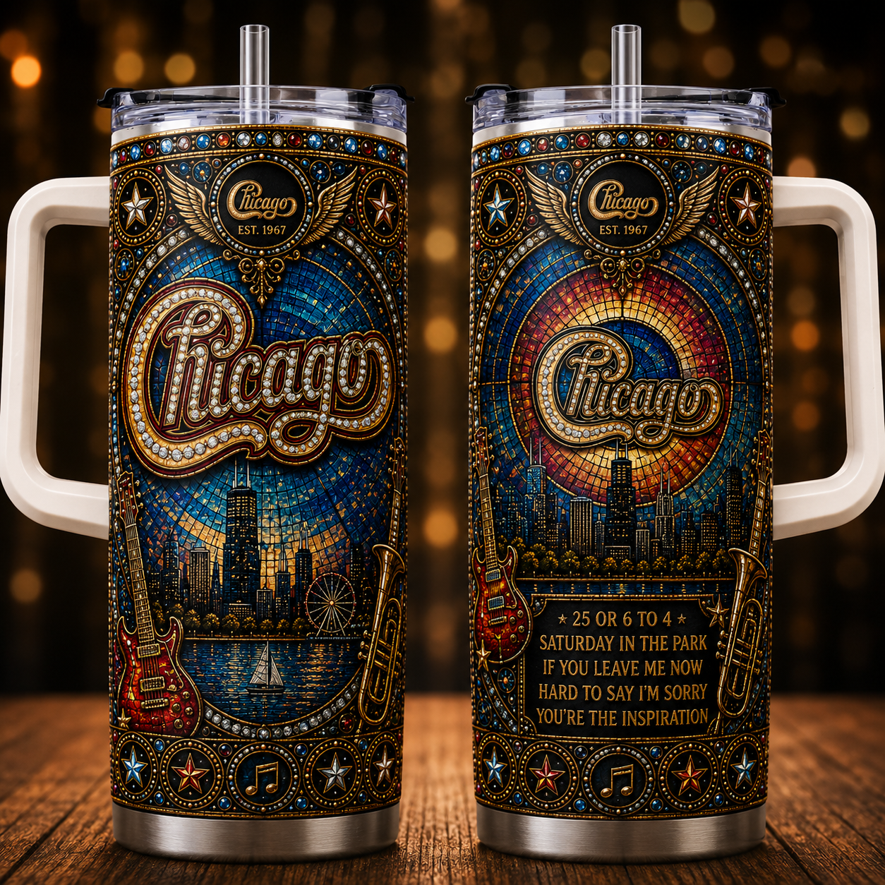 Chicago 40oz Rhinestone Insulated Tumbler with Handle Rock Band Stainless Steel Travel Mug with Straw and Lid