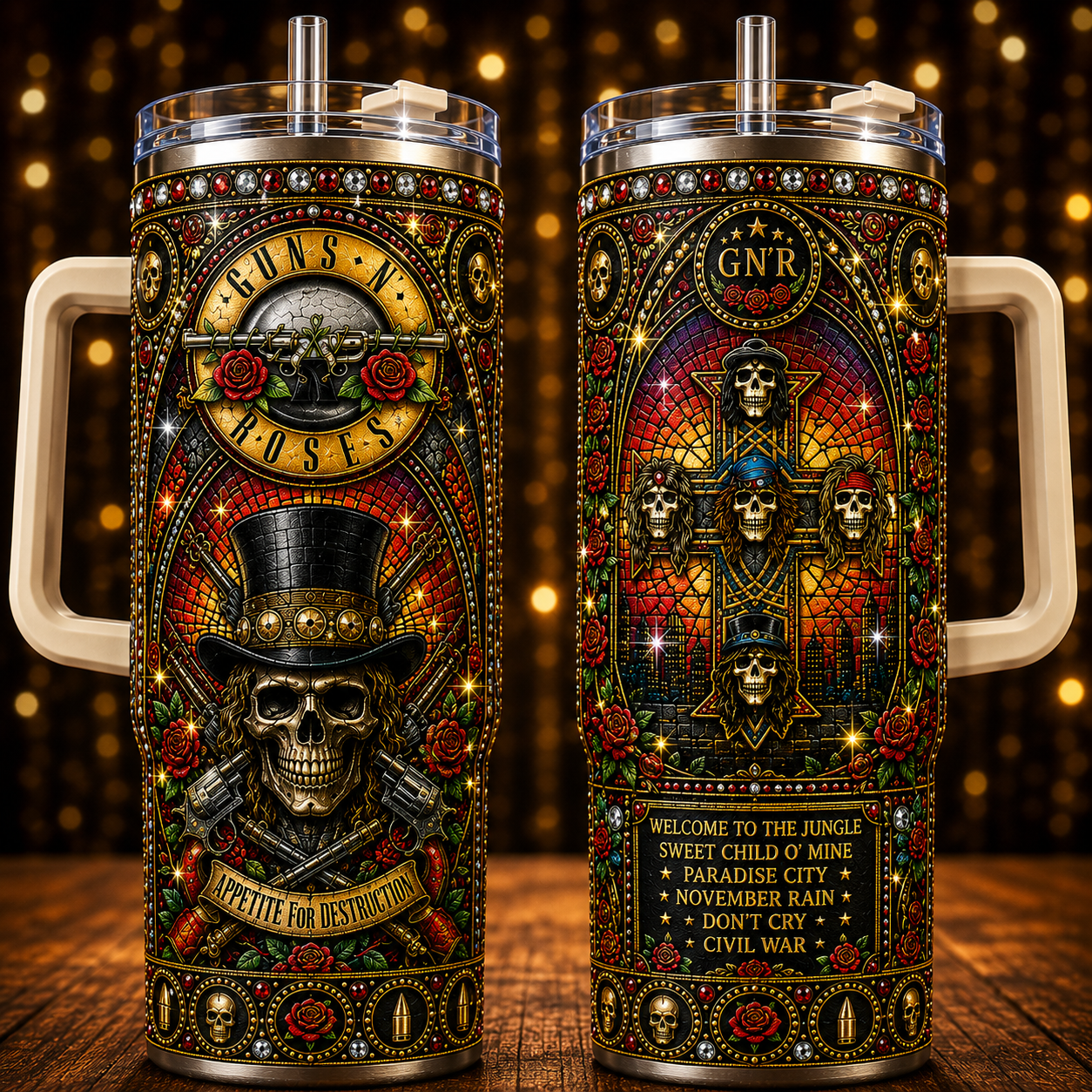 Guns N' Roses 40oz Insulated Tumbler with Handle Stainless Steel Travel Mug with Straw and Lid