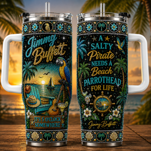Jimmy Buffett 40oz Rhinestone Insulated Tumbler with Handle Stainless Steel Travel Mug with Straw and Lid