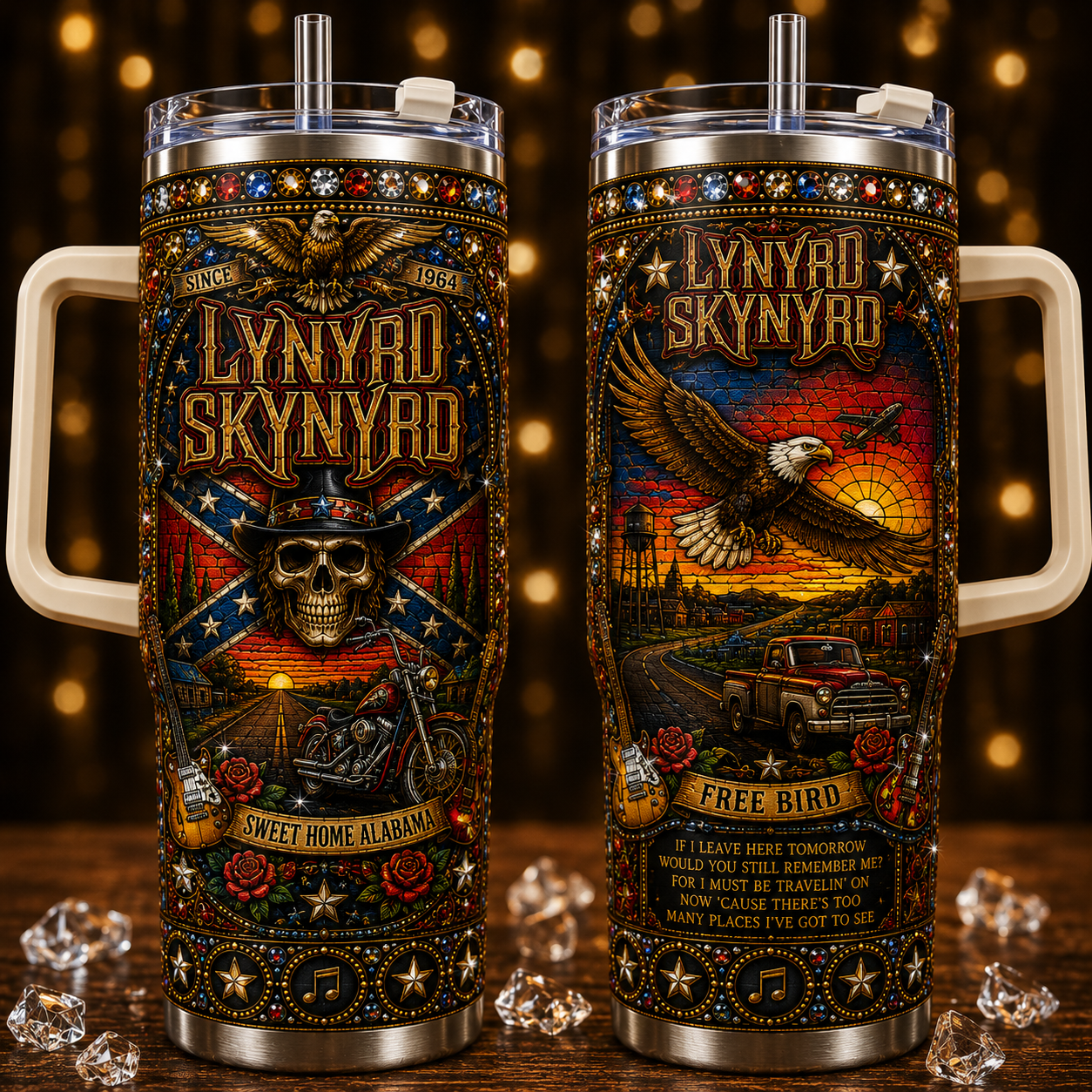 Lynyrd Skynyrd 40oz Rhinestone Insulated Tumbler with Handle Stainless Steel Travel Mug with Straw and Lid
