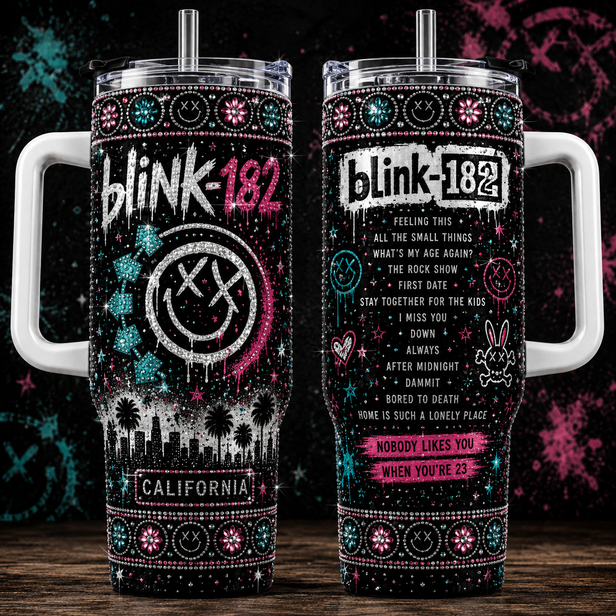 Blink-182 40oz Rhinestone Insulated Tumbler with Handle Rock Band Stainless Steel Travel Mug with Straw and Lid