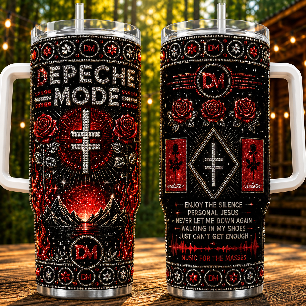 Depeche Mode 40oz Rhinestone Insulated Tumbler with Handle Rock Band Stainless Steel Travel Mug with Straw and Lid