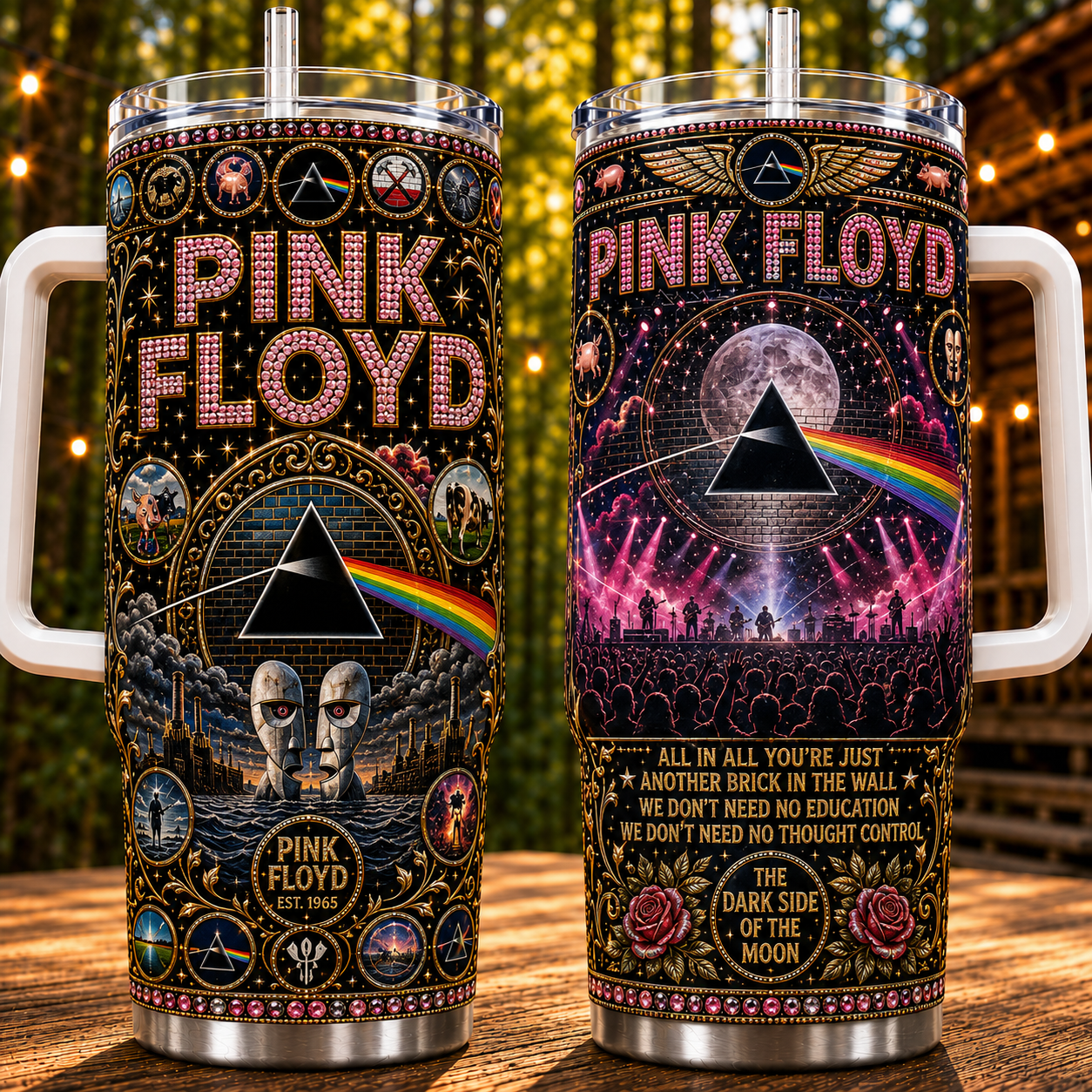Pink Floyd 40oz Rhinestone Insulated Tumbler with Handle Stainless Steel Travel Mug with Straw and Lid