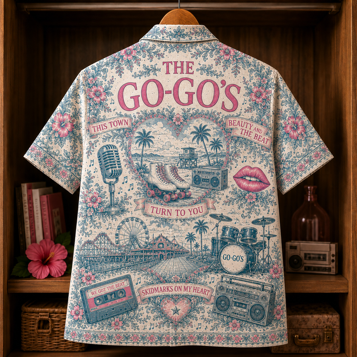 The Go-Go’s Hawaiian Shirt - Retro 80s Pop Rock Button Up Shirt with Vacation, We Got the Beat and Our Lips Are Sealed Art
