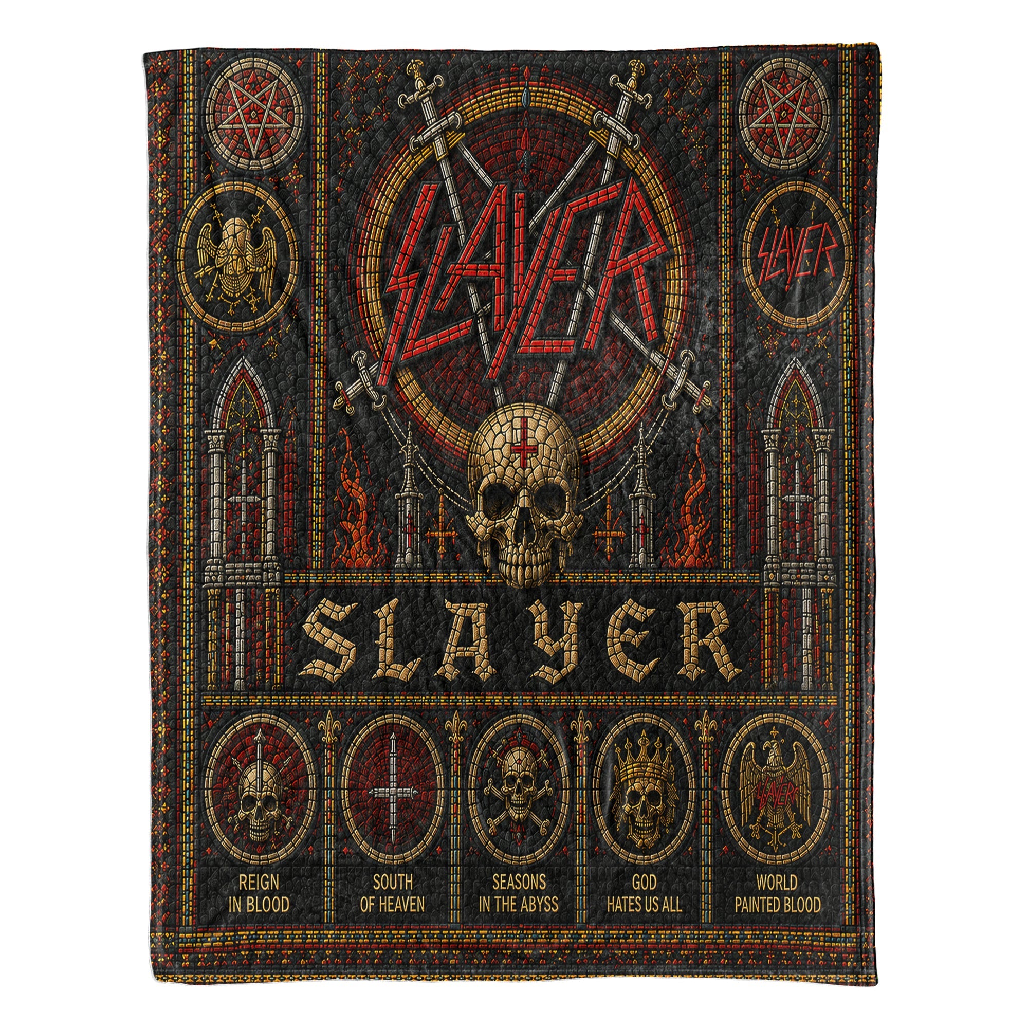 Slayer Sherpa Blanket Eagle Swords Skull Stained Glass Thrash Metal Throw Blanket