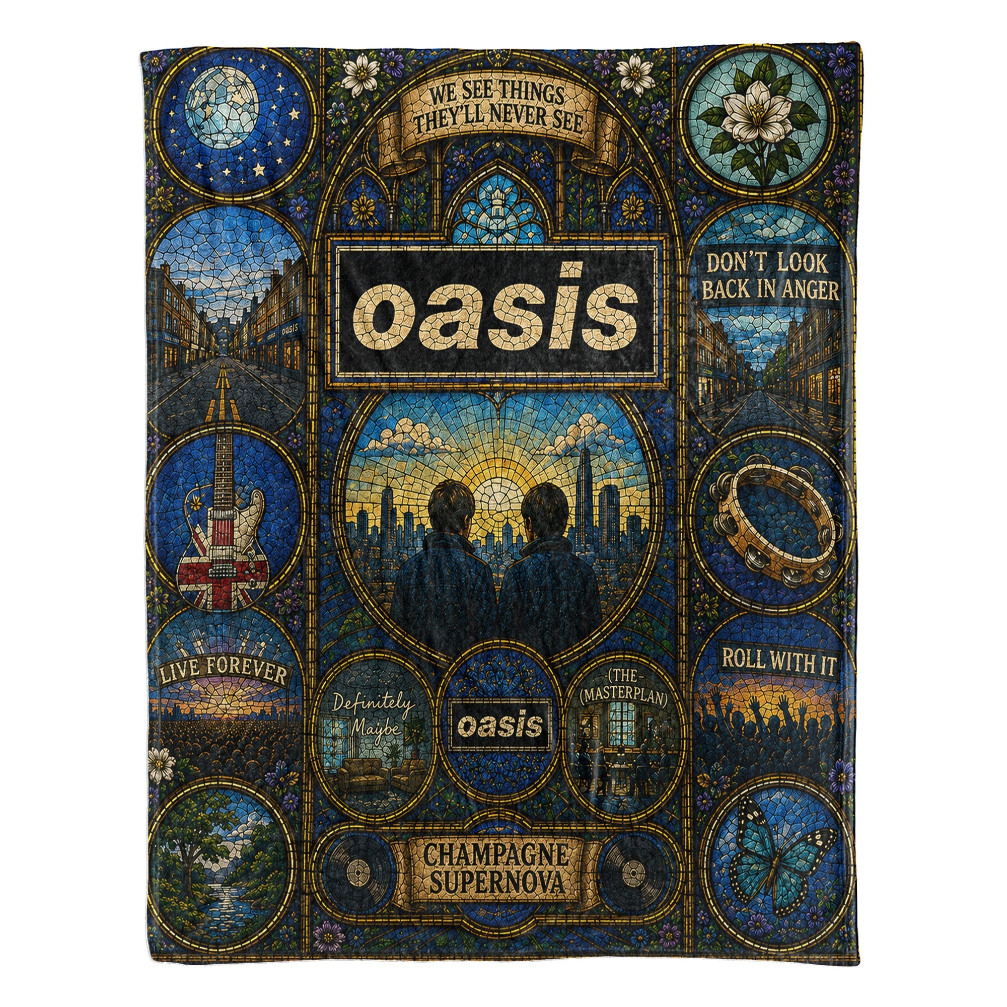 Oasis Band Sherpa Blanket Champagne Supernova Stained Glass Blanket