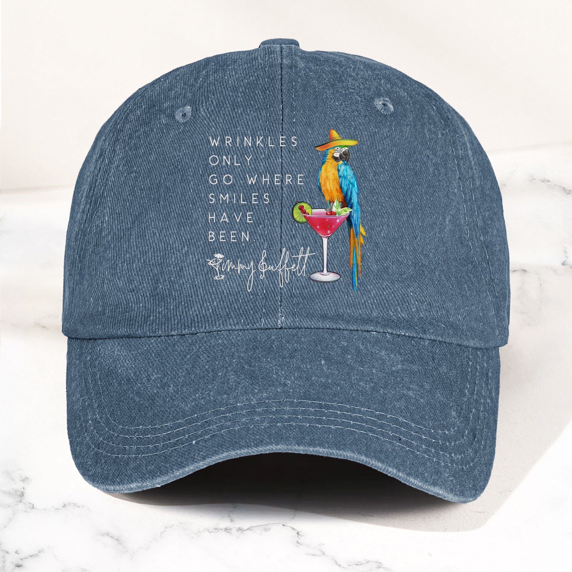 Jimmy Buffett Quote Denim Dad Cap "Wrinkles Only Go Where Smiles Have Been"