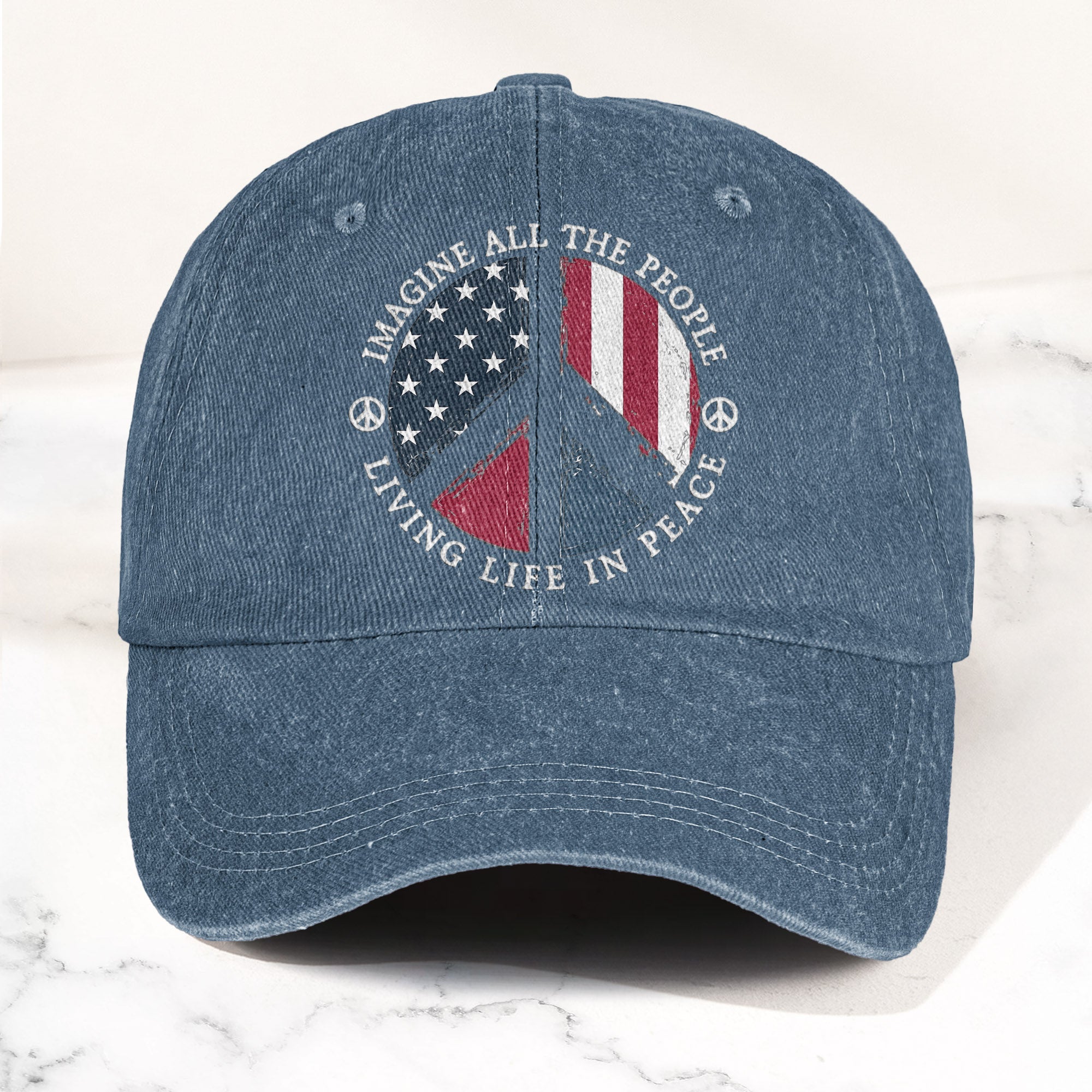 John Lennon Imagine All The People Living Life In Peace Sign American Flag Denim Cap Retro Vintage Dad Cap Gift For Dad (With Box)