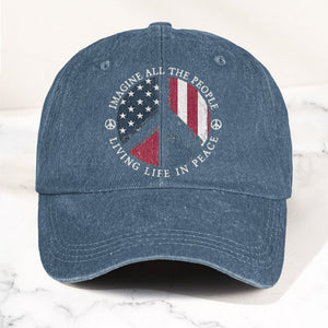 John Lennon Imagine All The People Living Life In Peace Sign American Flag Denim Cap Retro Vintage Dad Cap Gift For Dad (With Box)