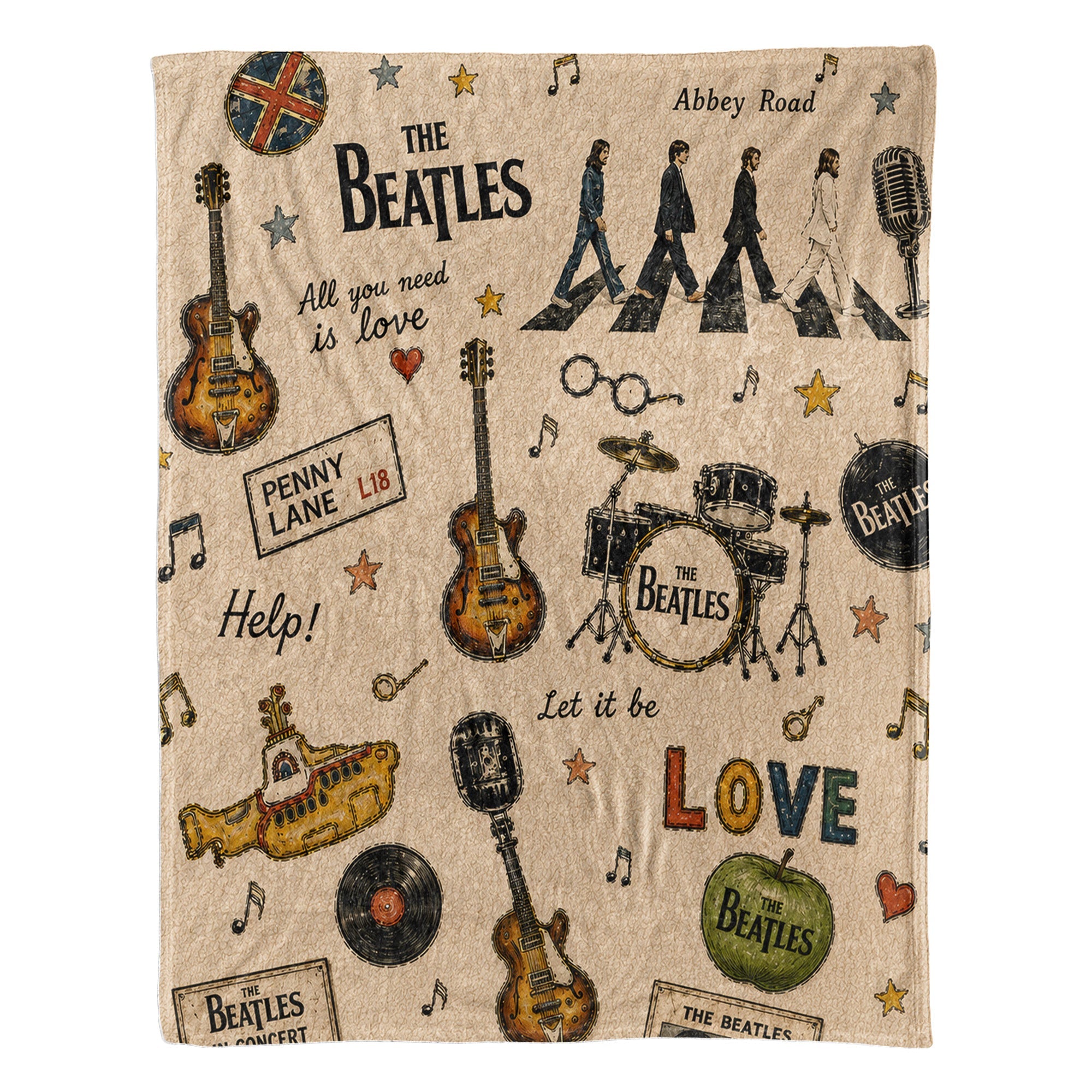 The Beatles Abbey Road Sherpa Yellow Submarine Vintage Doodle Blanket