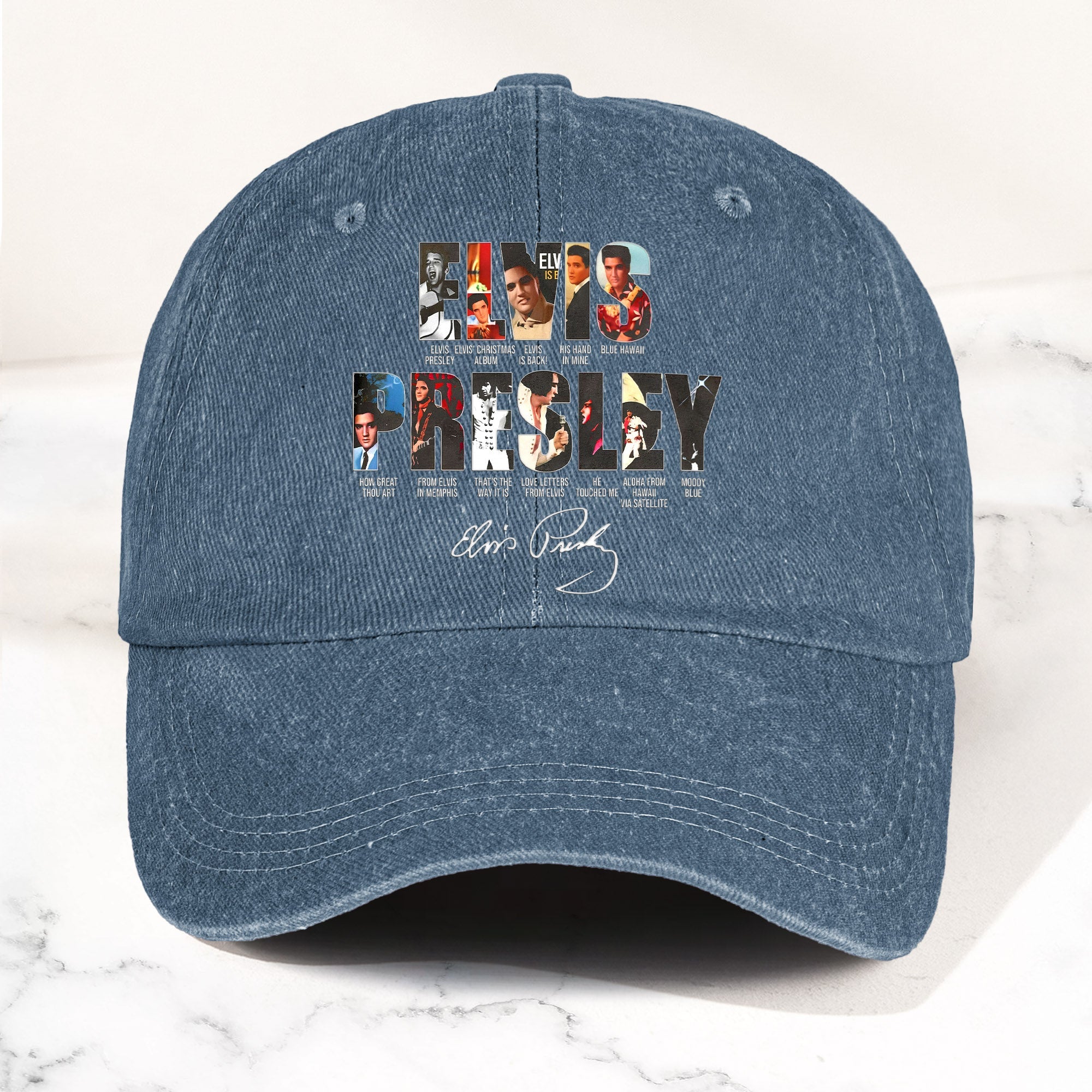 Elvis Presley Denim Dad Cap Iconic Album Collage Design ( With BOX)