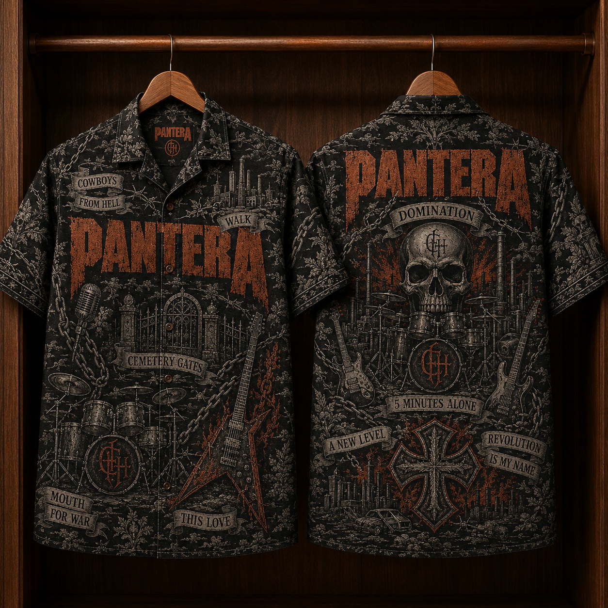 Pantera Hawaiian Shirt - Unisex Dark Toile De Jouy Cowboys From Hell Button Up