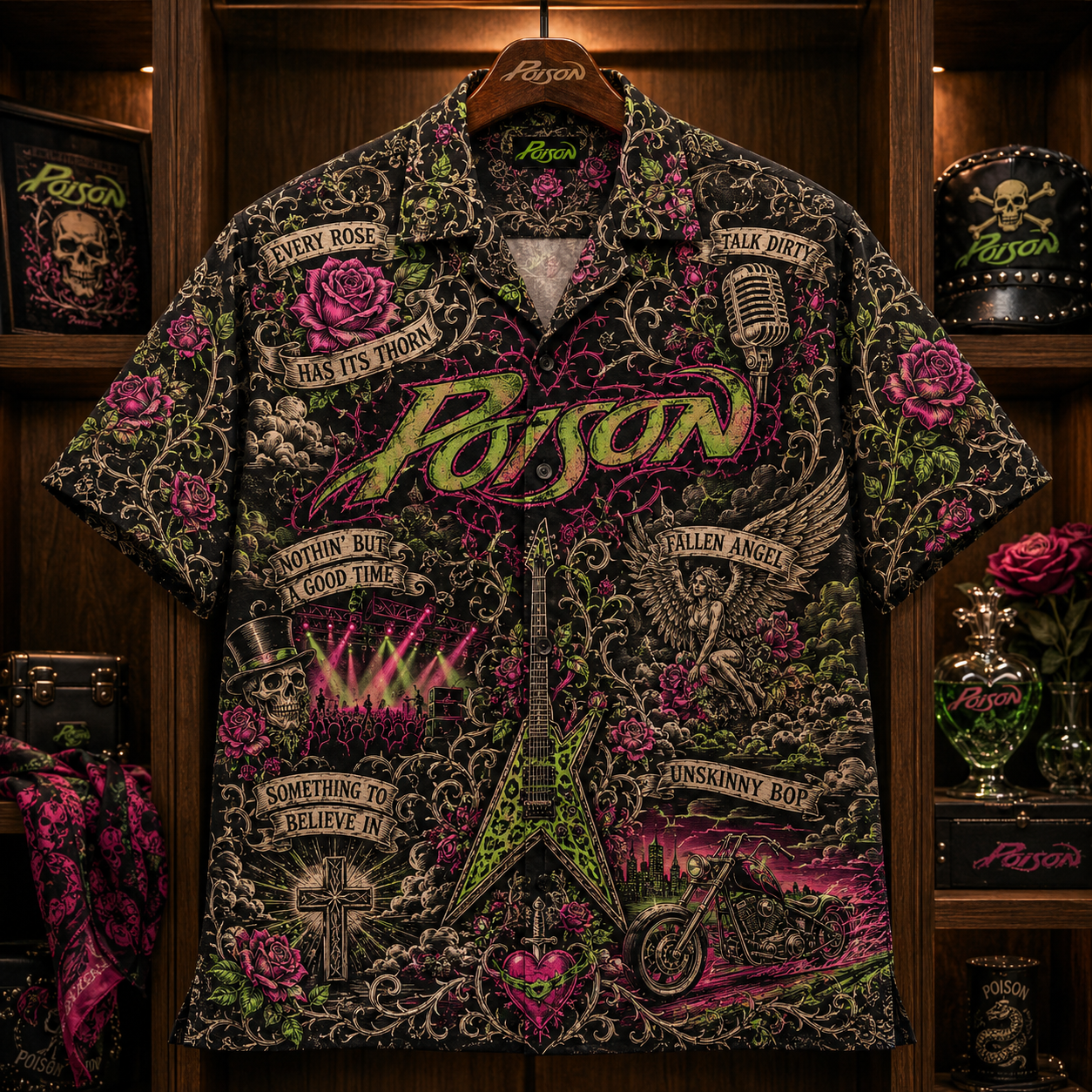Poison Hawaiian Shirt - Glam Metal Rock Band Button Up Shirt with Every Rose Has Its Thorn, Talk Dirty and Unskinny Bop Art (Copy)