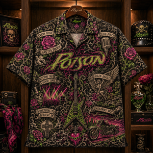 Poison Hawaiian Shirt - Glam Metal Rock Band Button Up Shirt with Every Rose Has Its Thorn, Talk Dirty and Unskinny Bop Art (Copy)