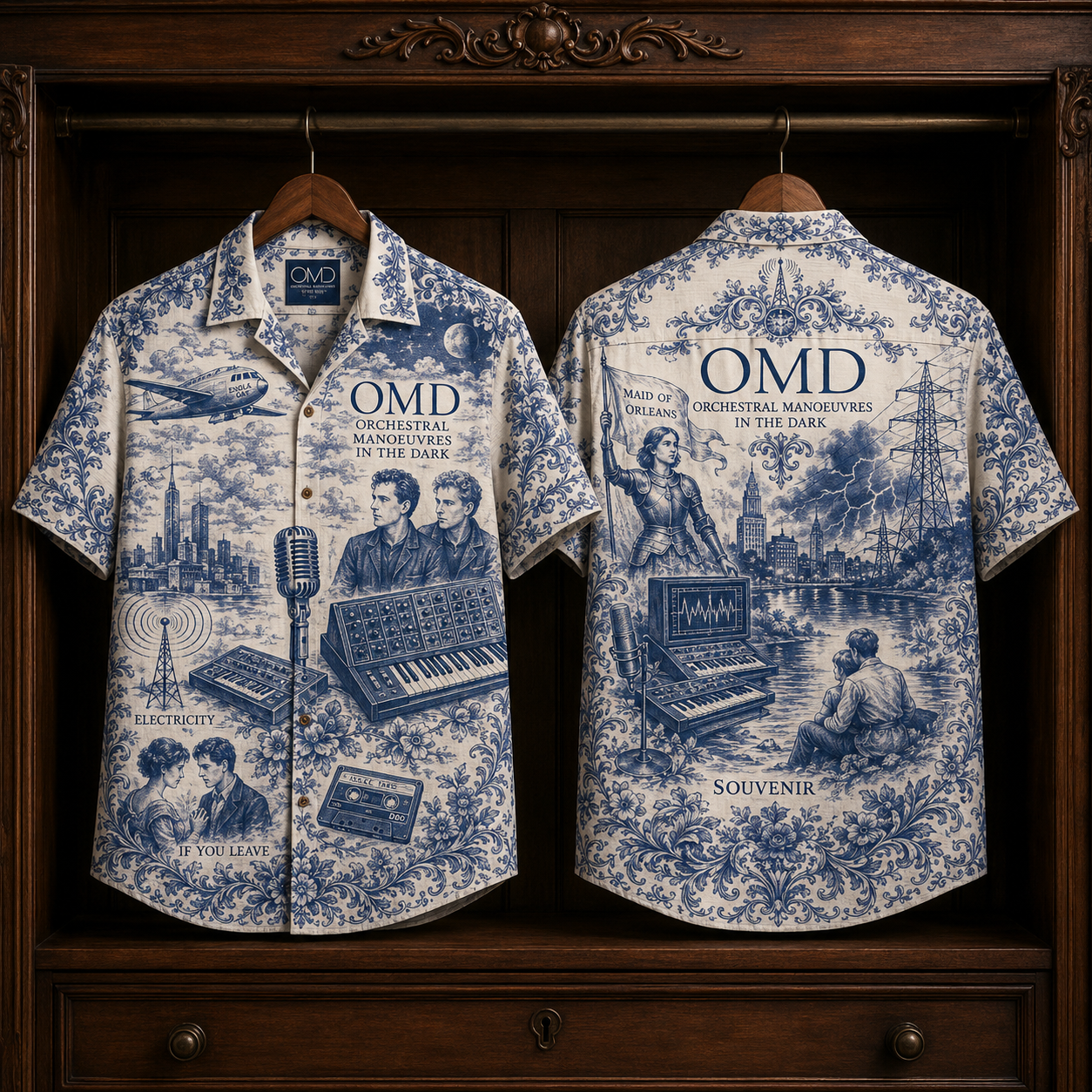 OMD Hawaiian Shirt - Orchestral Manoeuvres in the Dark Button Up Shirt with Electricity, If You Leave and Synthwave Art