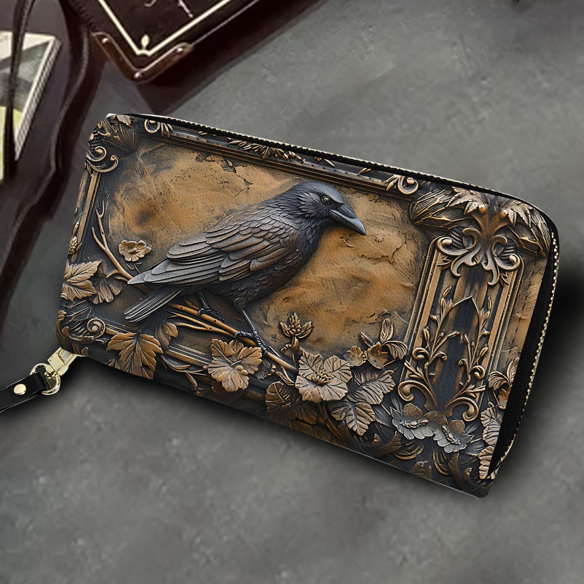 Vintage Gothic Raven Leather Handbag & Wallet Set Mystical Elegance in Dark Style