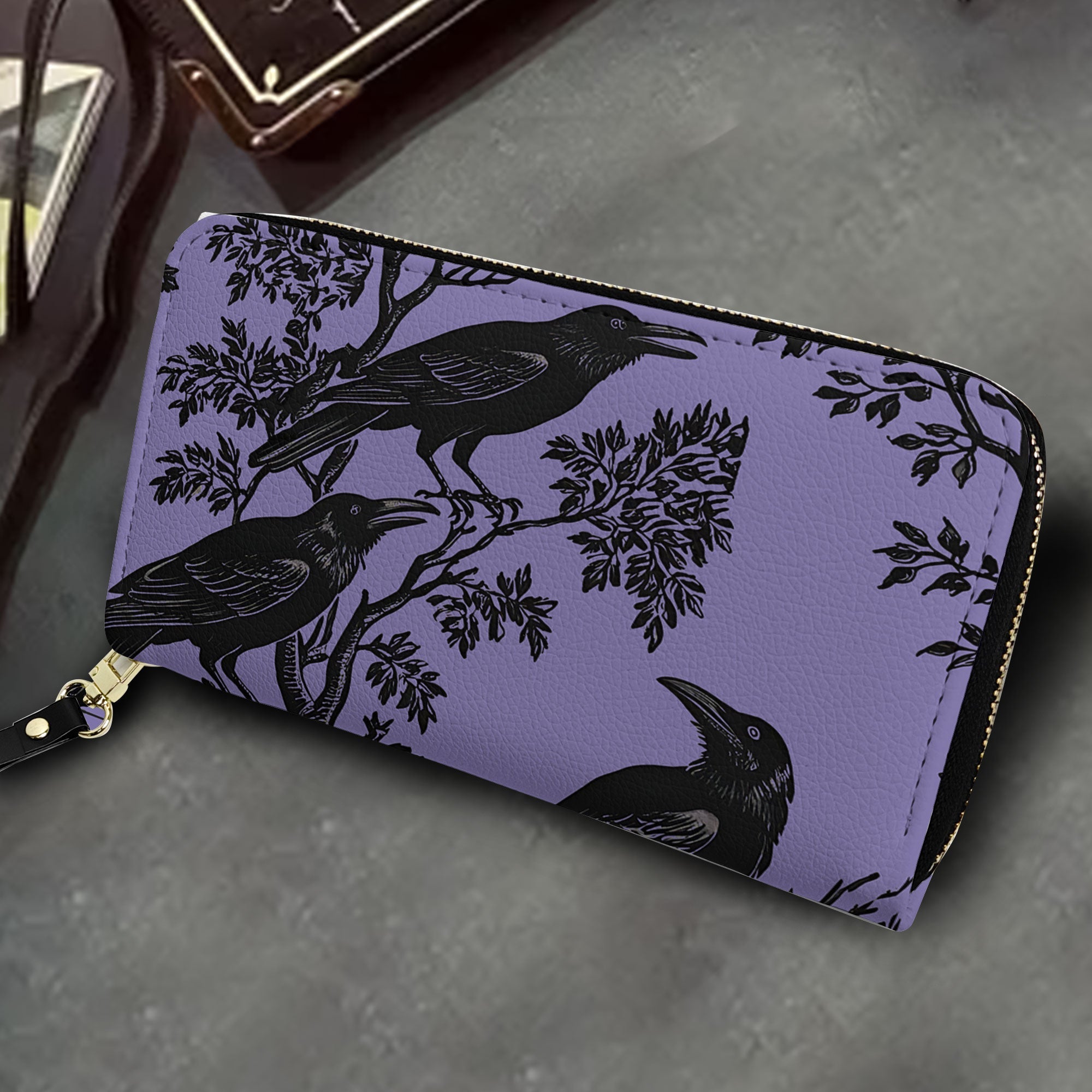Purple Raven Leather Tote Bag with Matching Wallet Gothic Aesthetic Handbag Set