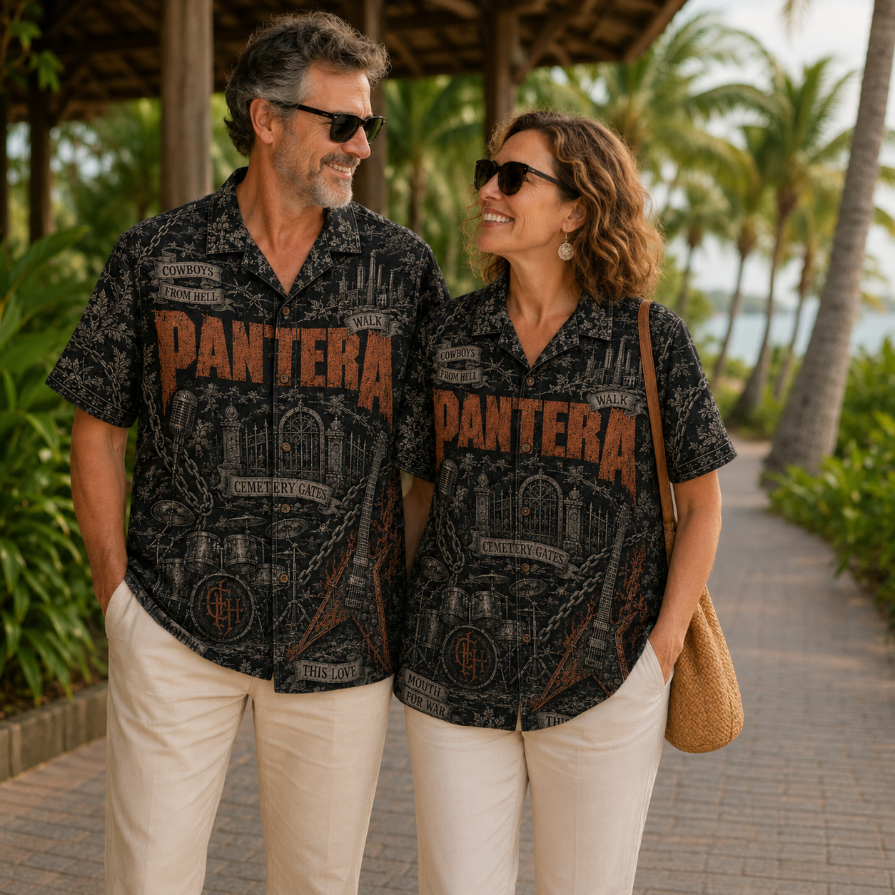 Pantera Hawaiian Shirt - Unisex Dark Toile De Jouy Cowboys From Hell Button Up