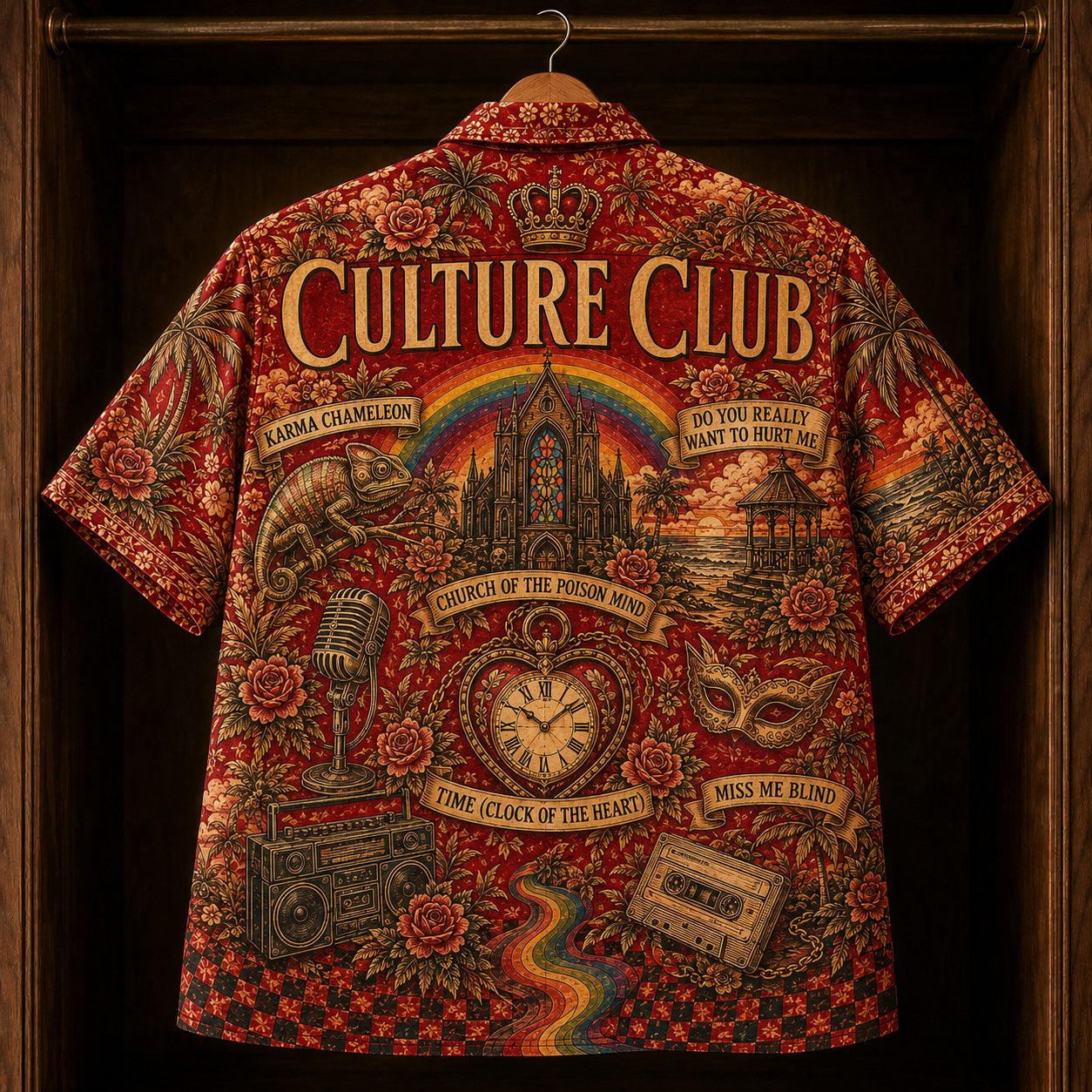 Culture Club Hawaiian Shirt - Retro 80s New Wave AOP Button Up Shirt with Karma Chameleon and Time Clock of the Heart Art