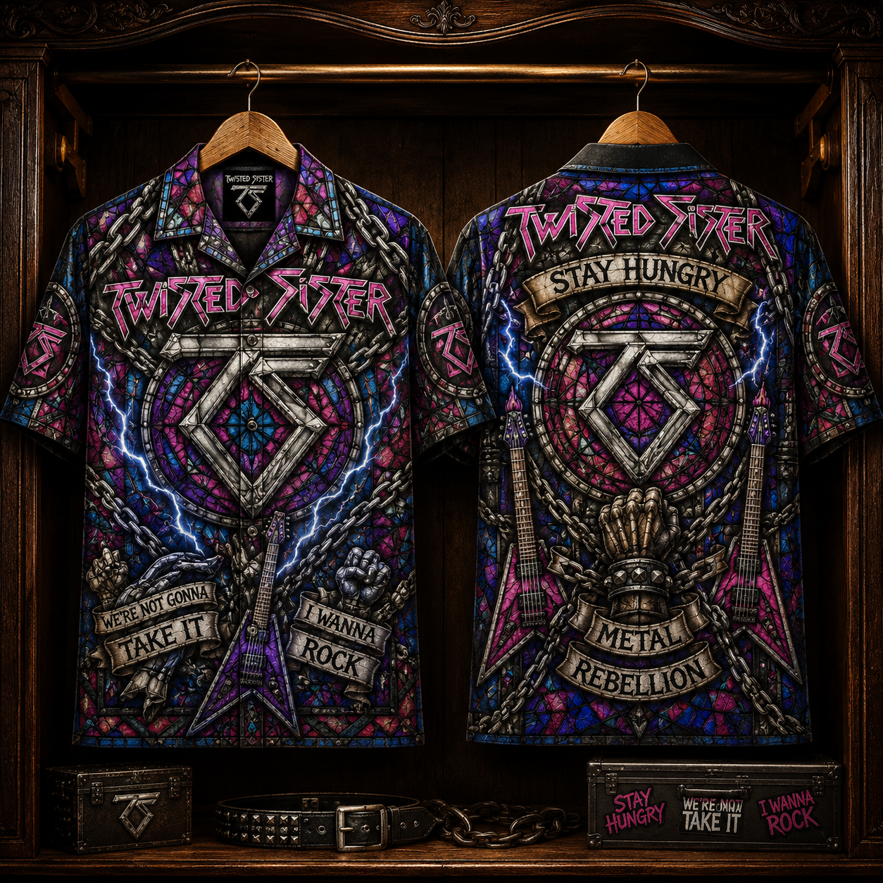 Twisted Sister Hawaiian Shirt - Stained Glass Glam Metal All-Over Print Button-Up Shirt