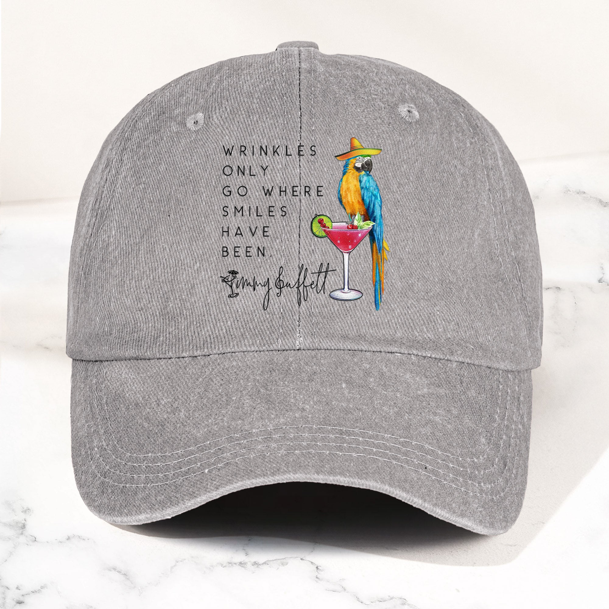Jimmy Buffett Quote Denim Dad Cap "Wrinkles Only Go Where Smiles Have Been"