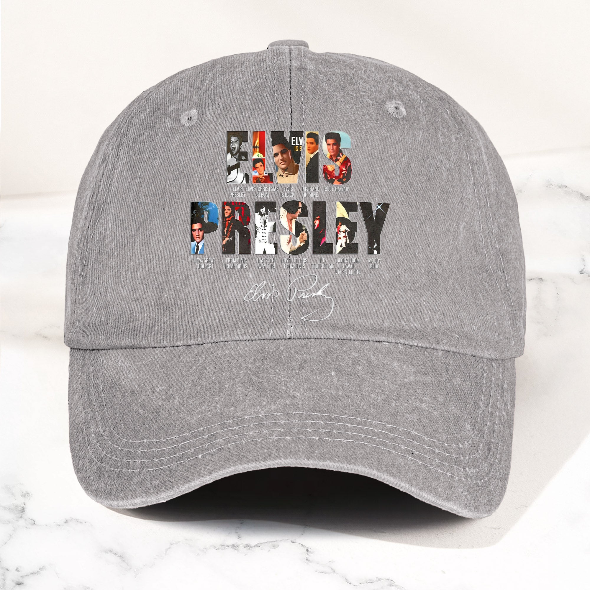Elvis Presley Denim Dad Cap Iconic Album Collage Design ( With BOX)