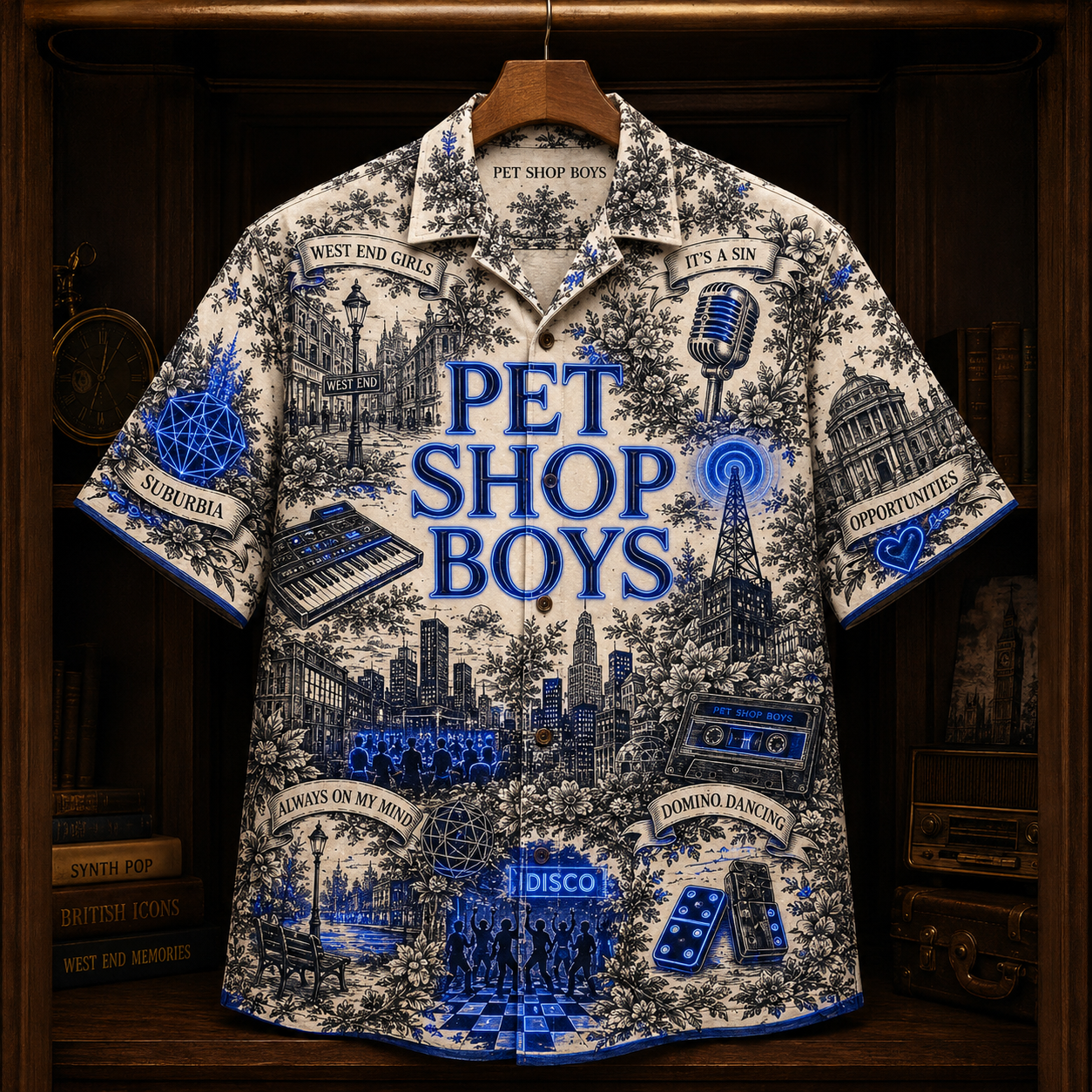 Pet Shop Boys Hawaiian Shirt - Synth Pop Band Button Up Shirt with West End Girls, It’s a Sin and Domino Dancing Art