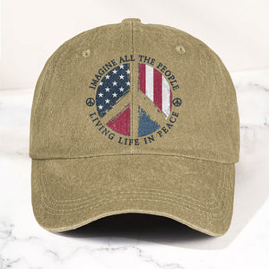 John Lennon Imagine All The People Living Life In Peace Sign American Flag Denim Cap Retro Vintage Dad Cap Gift For Dad (With Box)