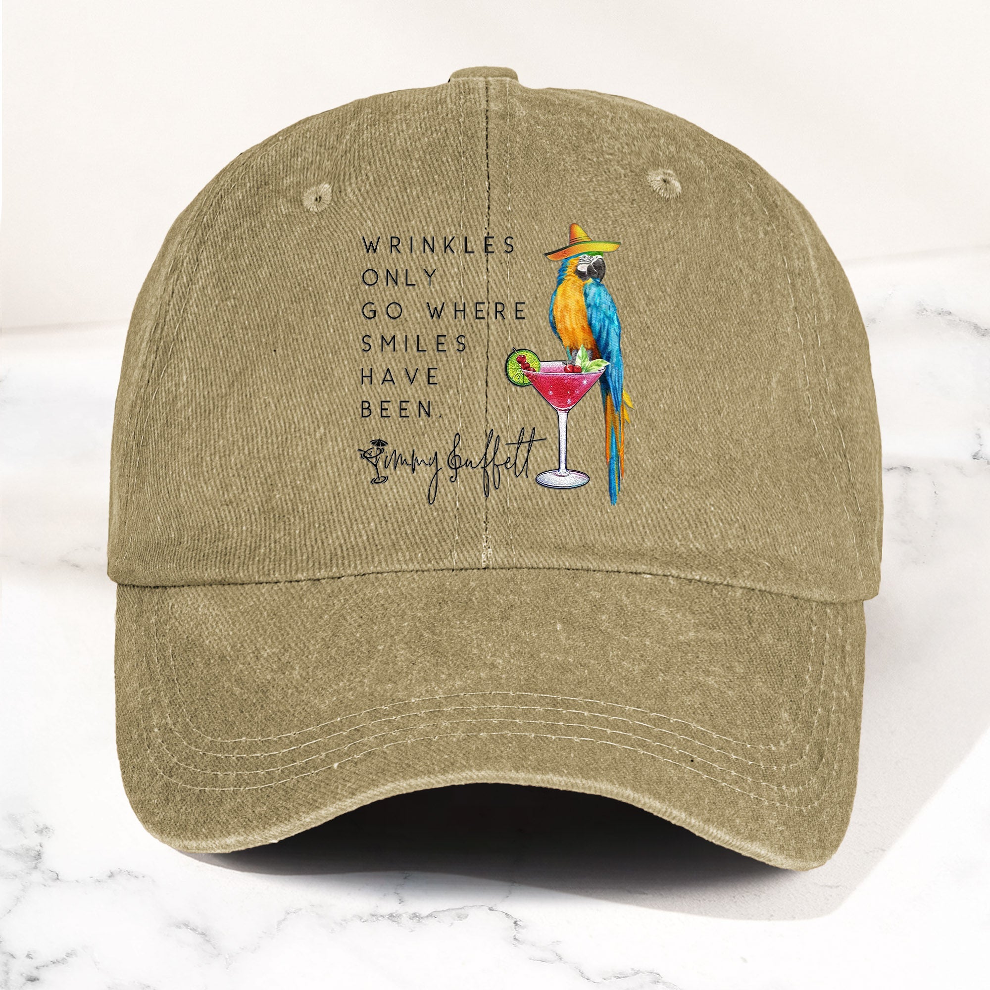 Jimmy Buffett Quote Denim Dad Cap "Wrinkles Only Go Where Smiles Have Been"