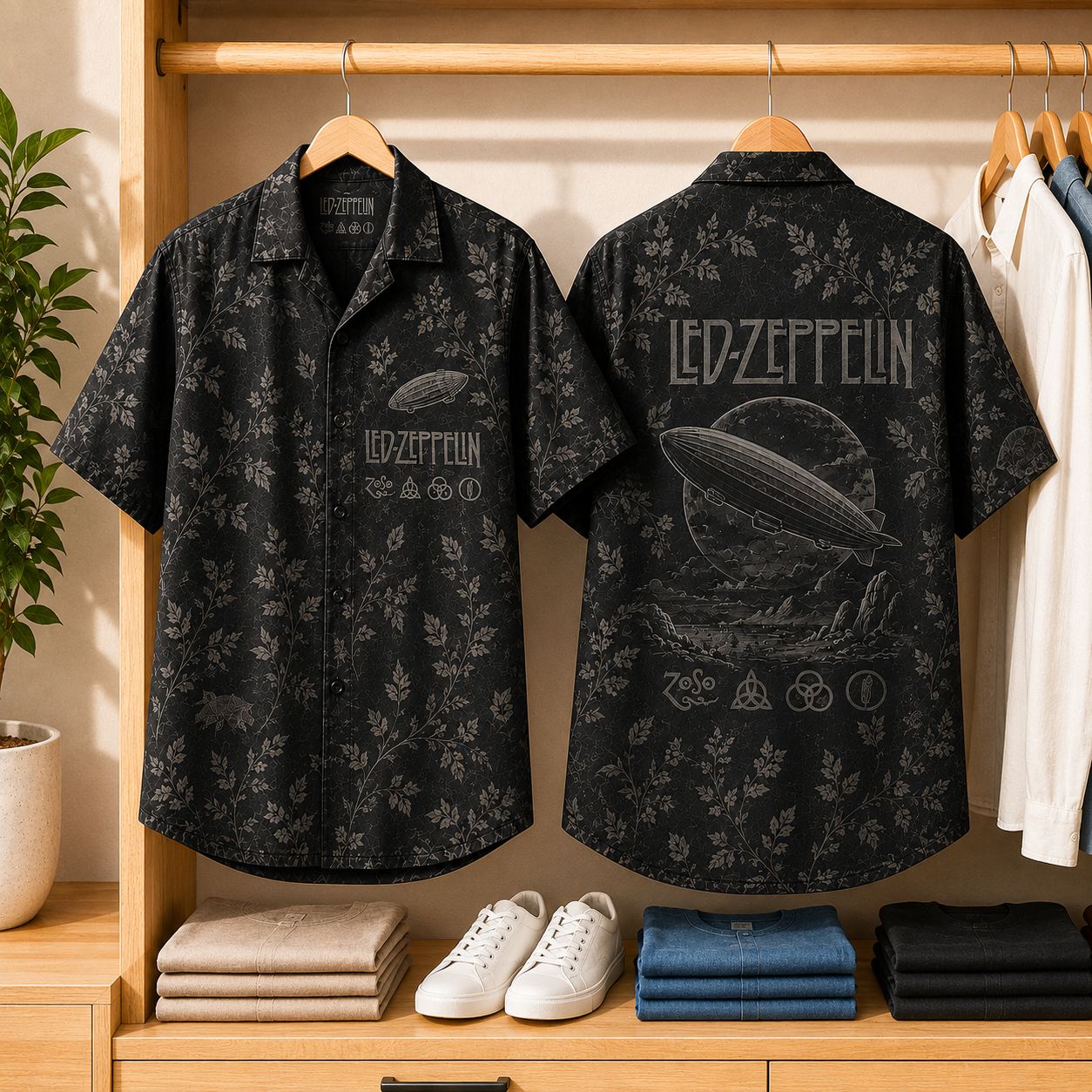 Led Zeppelin Navy Floral Toile Hawaiian Shirt, Zeppelin Airship Button-Up Shirt, Classic Rock Fan Gift