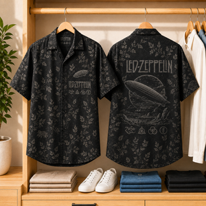 Led Zeppelin Navy Floral Toile Hawaiian Shirt, Zeppelin Airship Button-Up Shirt, Classic Rock Fan Gift