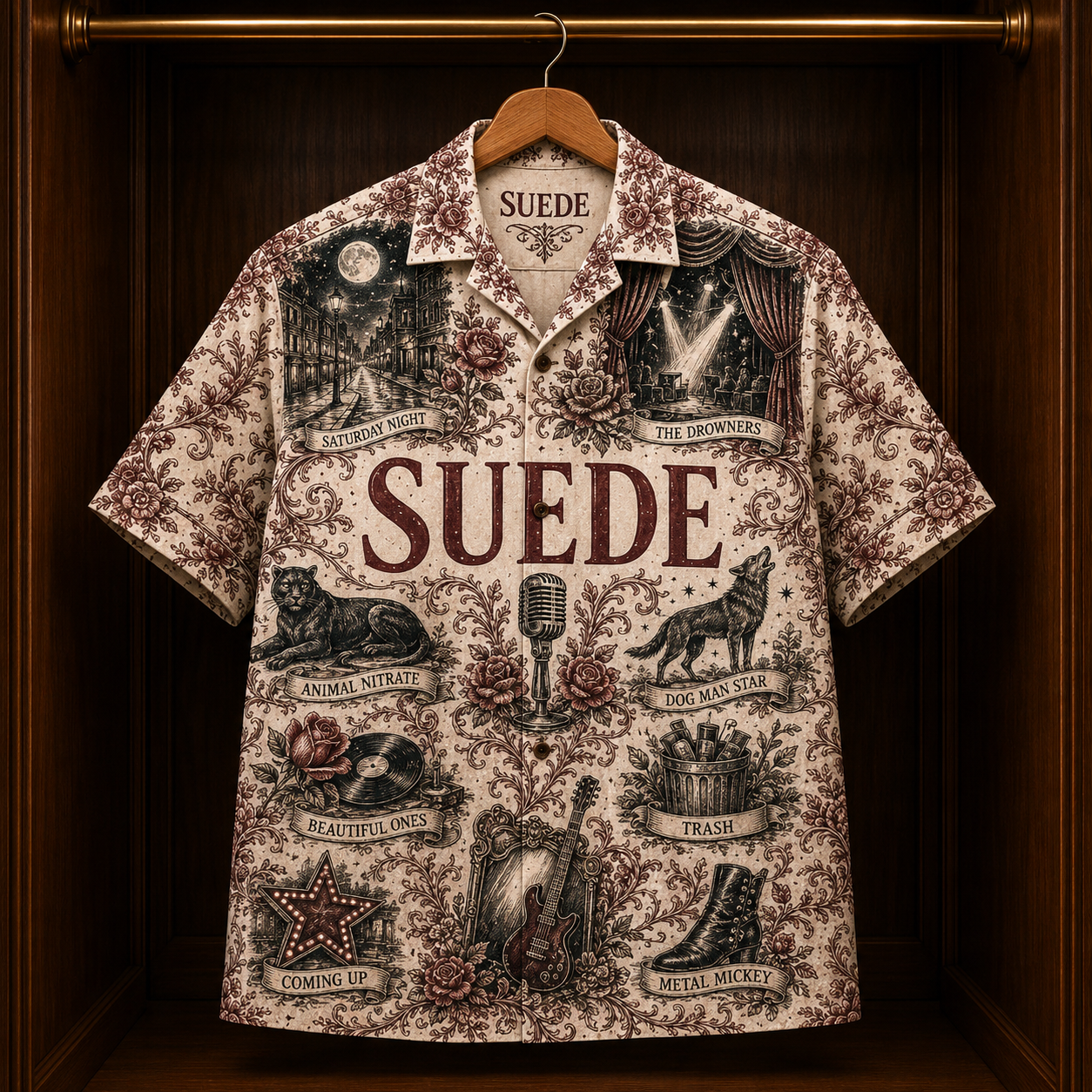 Suede Hawaiian Shirt - Unisex Vintage Toile De Jouy Beautiful Ones Button Up