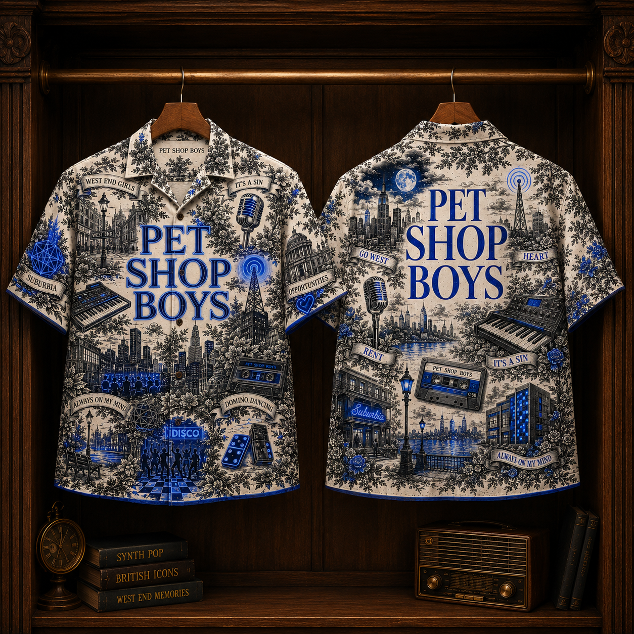Pet Shop Boys Hawaiian Shirt - Synth Pop Band Button Up Shirt with West End Girls, It’s a Sin and Domino Dancing Art