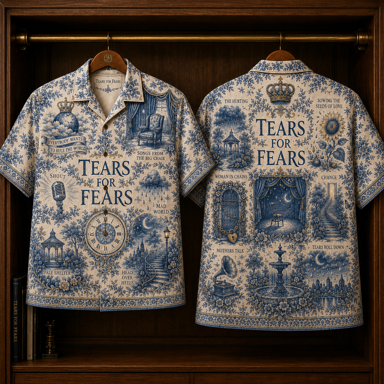 Tears For Fears Hawaiian Shirt - Unisex Toile De Jouy Delft Blue Floral Button Up