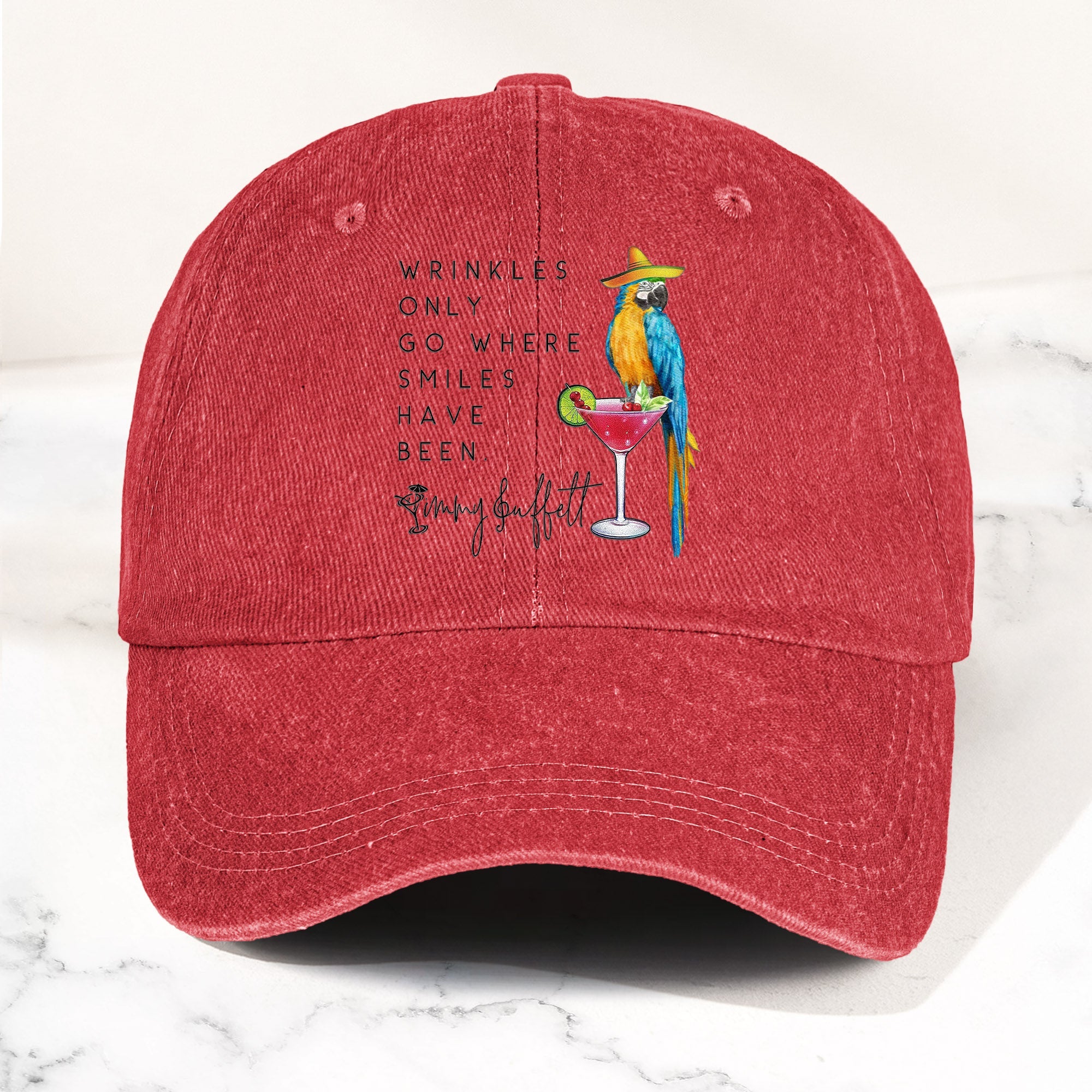 Jimmy Buffett Quote Denim Dad Cap "Wrinkles Only Go Where Smiles Have Been"