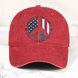 John Lennon Imagine All The People Living Life In Peace Sign American Flag Denim Cap Retro Vintage Dad Cap Gift For Dad (With Box)